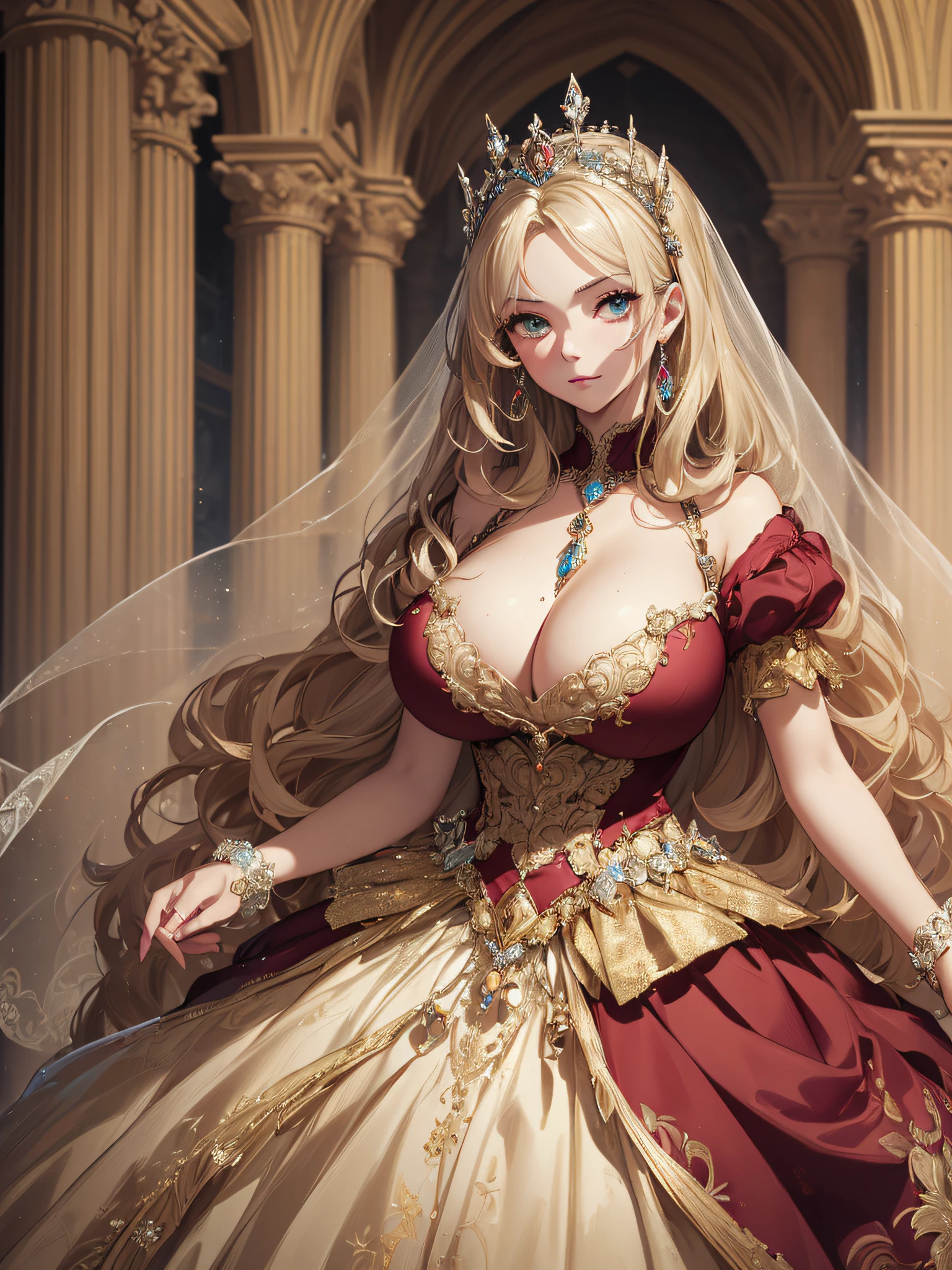 ((anime artstyle)),(Masterpiece),(Best Quality), (Super Detail),((Very Delicate and Beautiful,Ultra-detailed, Ultra-realistic, Hyper realistic concept art by ufotable, 8K resolution concept art intricately detailed, insanely detailed)),cinematic lighting,1 girl,(((full body portrait))),standing in palace,((solo)),digital art,(((1 princess in beautiful embroidery and jeweled gorgeous princess rococo ballgown with voluminous full length hoop skirt))),crinoline,long train,((beautiful embroidery and jeweled)),voluminous frills,See-through,(gorgeous embroidery and beautiful lace),(((gigantic tits,skindentation))),((large amount of straight hair,extremely voluminous Hair,Very Long Straight Hair)),((finely detailed face and eyes)),clear pupil,extremely gorgeousfull hair ornament,(bling-bling jeweled extremely gorgeousfull tiara),(bling-bling gorgeous gemstone jewelry),long veil,(beautiful background),full body,((gorgeous princess rococo ballgown with voluminous full length hoop skirt))