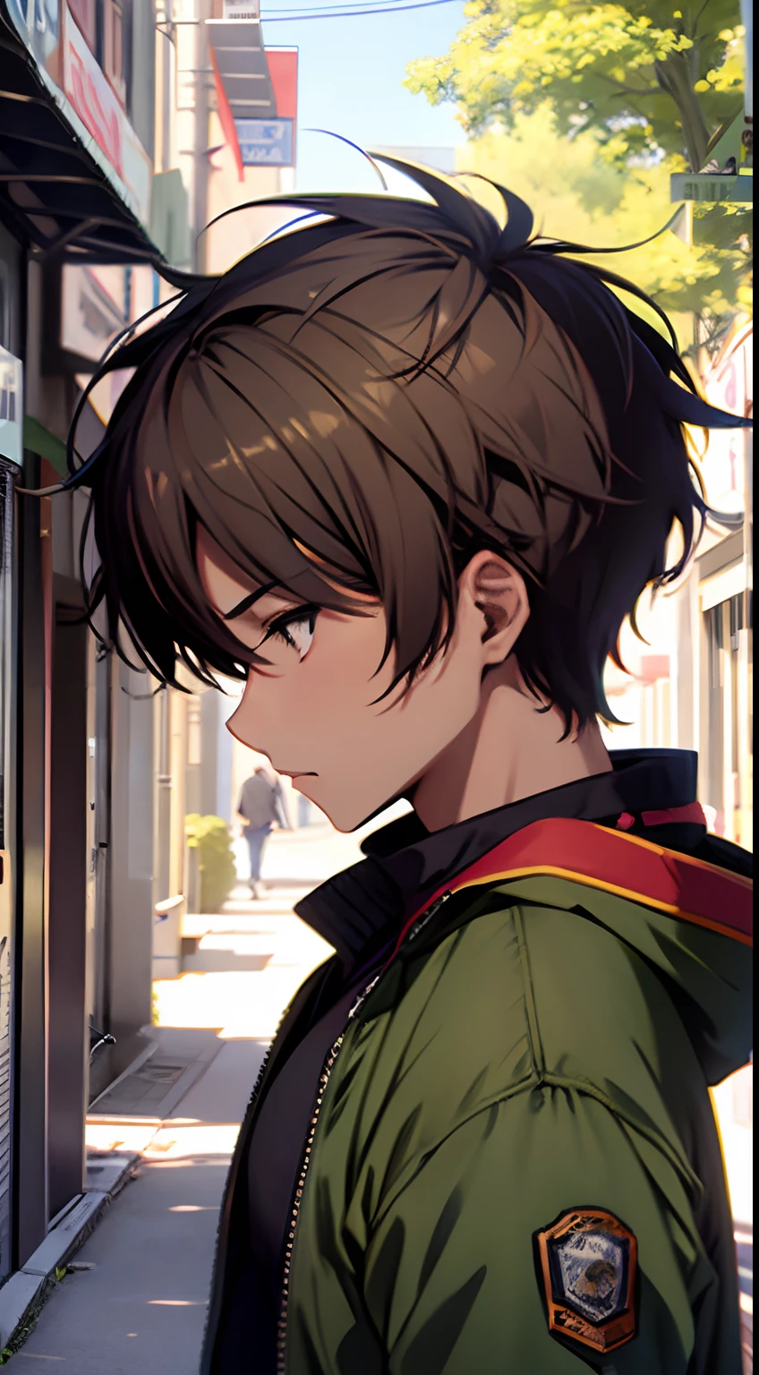((Satoshi)) brown short hair, guy, street, green jacket, side view, at park