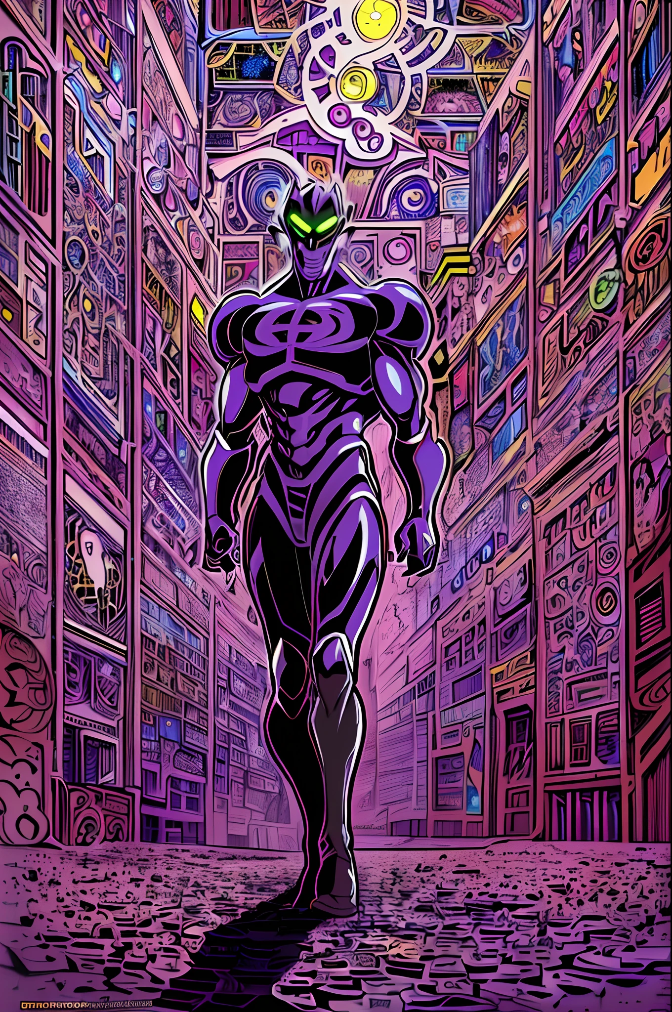 weird edgy superhero, standing, solo, full body, dark, mysterious, surreal, powerful, dramatic lighting, intense colors, comic book style, 60s,methurlant intricate surreal gritty atmospheric cinematic stylized contrast comic eerie cybernetic futuristic, eldritch