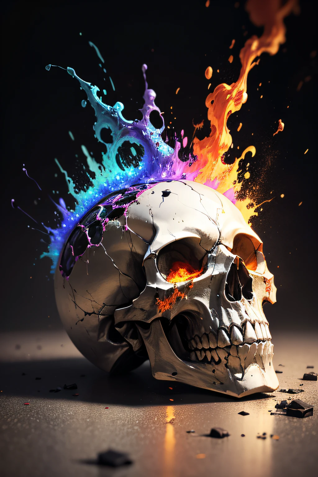 a highly realistic, multi-colored and detailed liquid metal skull shatters in a stunning explosion of color