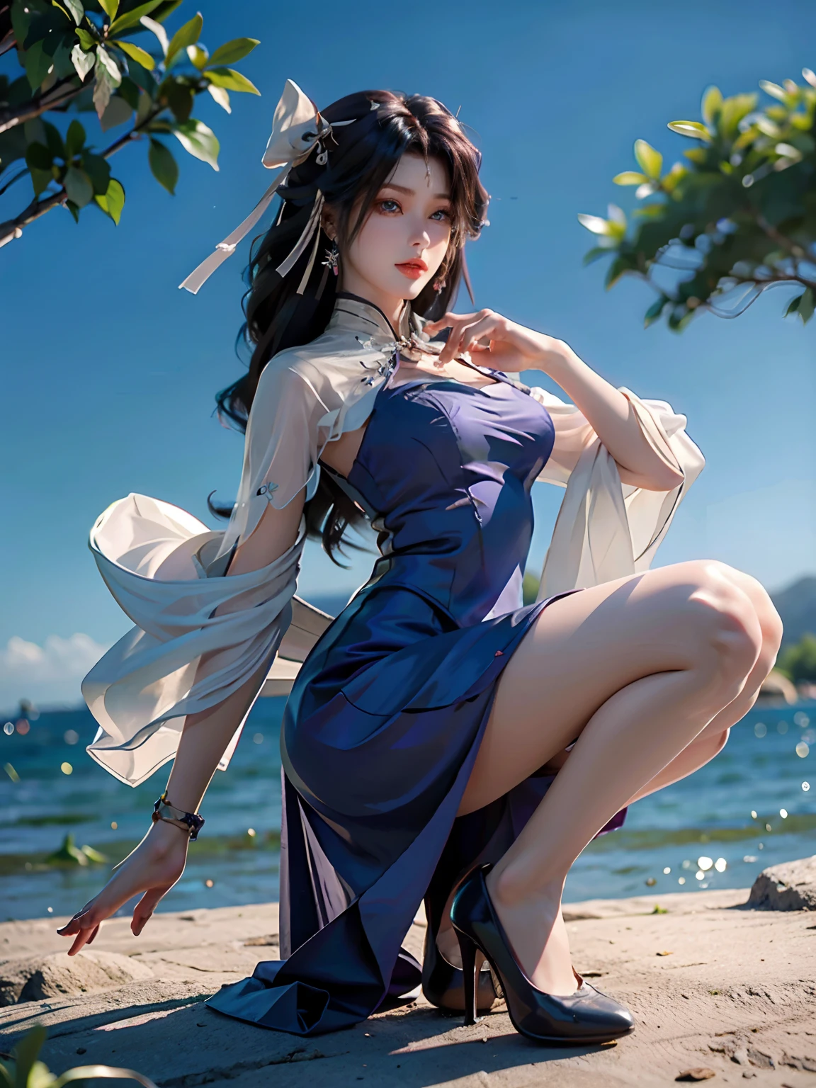 （（top-quality，16k，tmasterpiece：1.3）），（（（Yun Xi）），Beautiful Women in Perfect Shape：1.3，（（lewd poses）），（（（high-heels））），（Have by the sea），（（Antique long dress）），（（Squat））