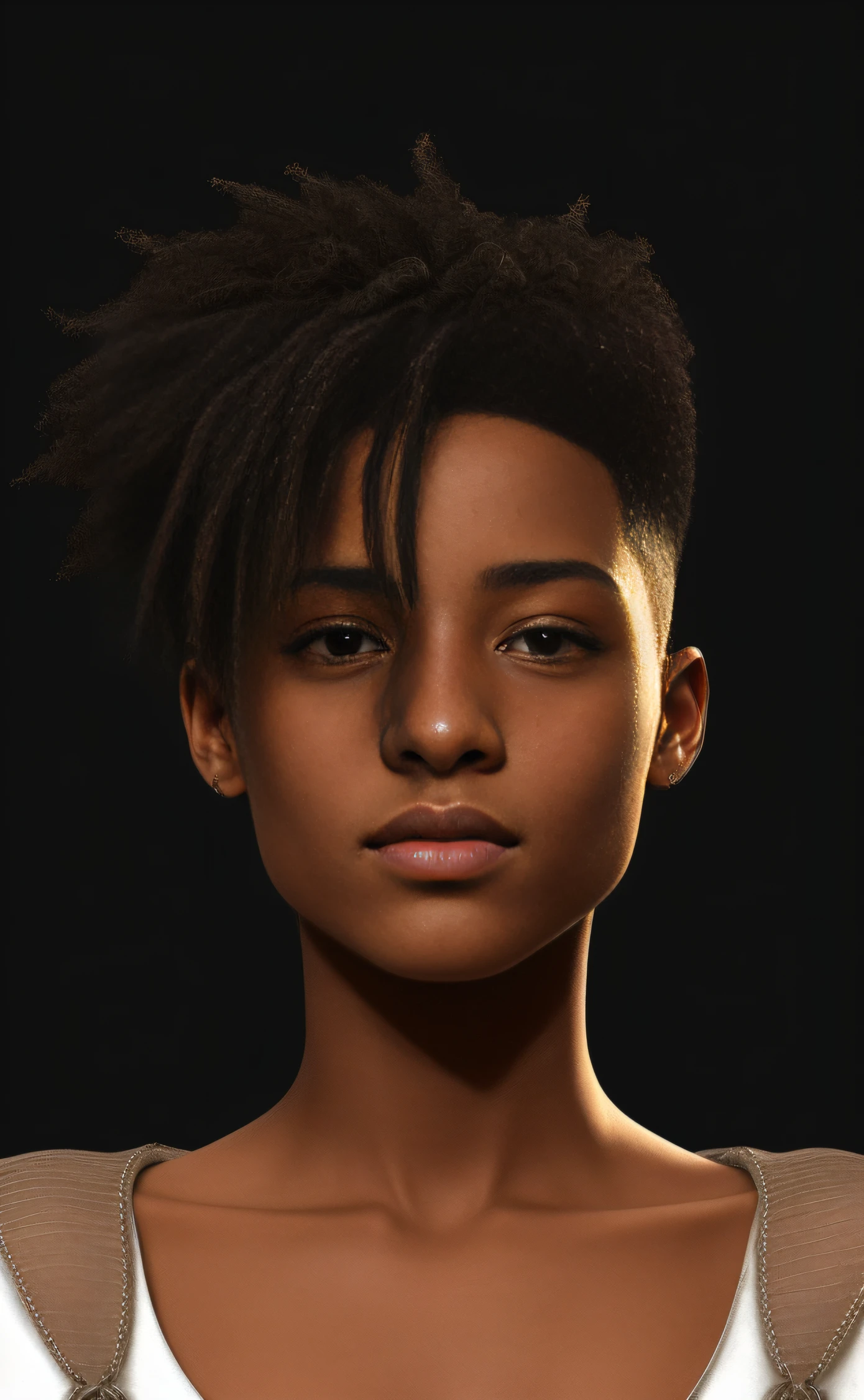 Mulher Arafed com um moicano e uma camisa branca, Face extremamente alta e detalhada, Retrato de Willow Smith, rosto realista altamente detalhado, Retrato Willow Smith, rosto realista detalhado, retrato ultra detalhado, Rosto alto e detalhado, dynamic black hair, com o rosto muito detalhado, perfil lateral cenetered retrato, rosto detalhado realista, Rosto altamente detalhado, rosto detalhado e realista