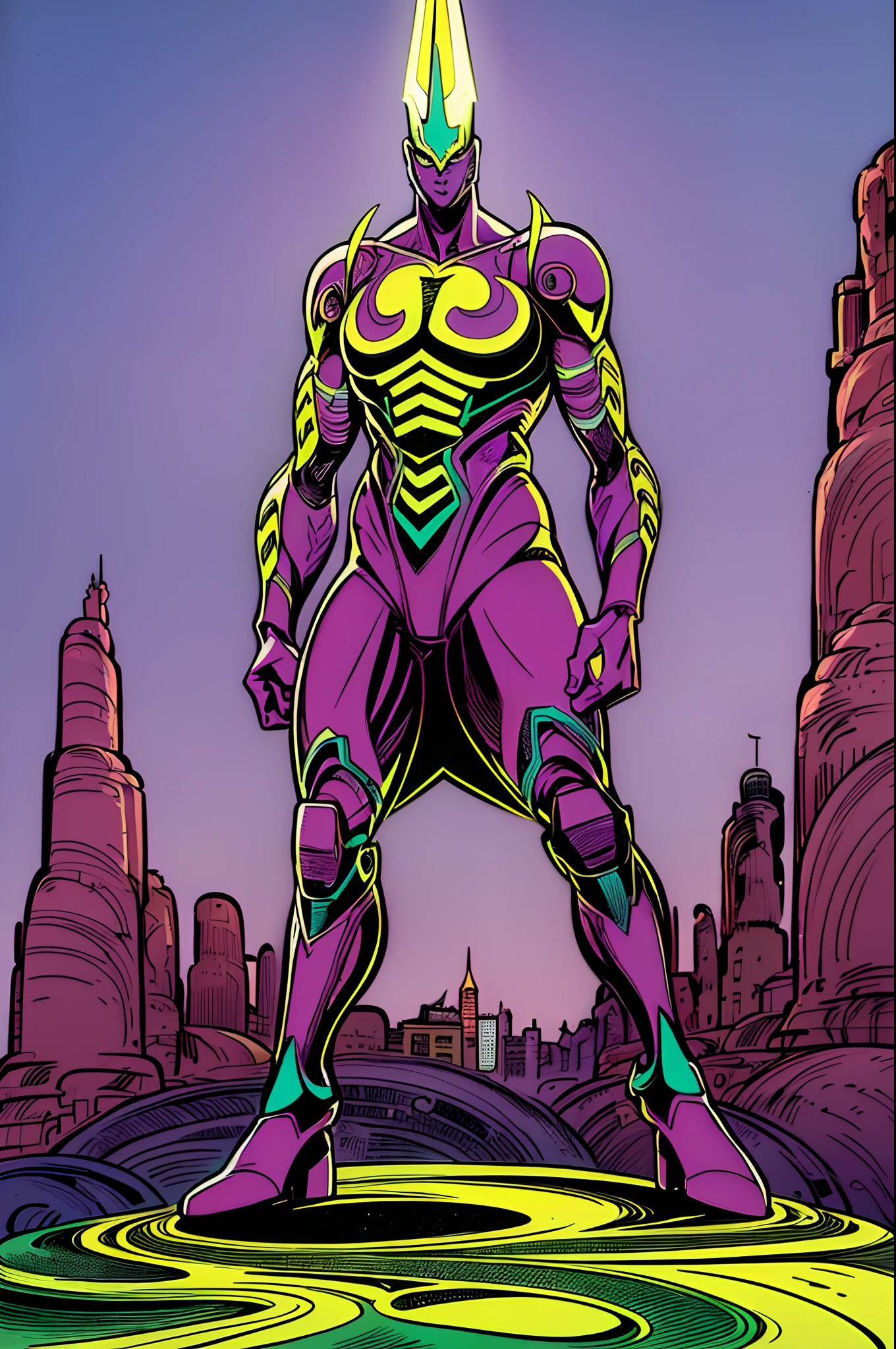 weird edgy superhero, standing, solo, full body, dark, mysterious, surreal, powerful, dramatic lighting, intense colors, comic book style, 60s,methurlant intricate surreal gritty atmospheric cinematic stylized contrast comic eerie cybernetic futuristic, bizzare, eldritch