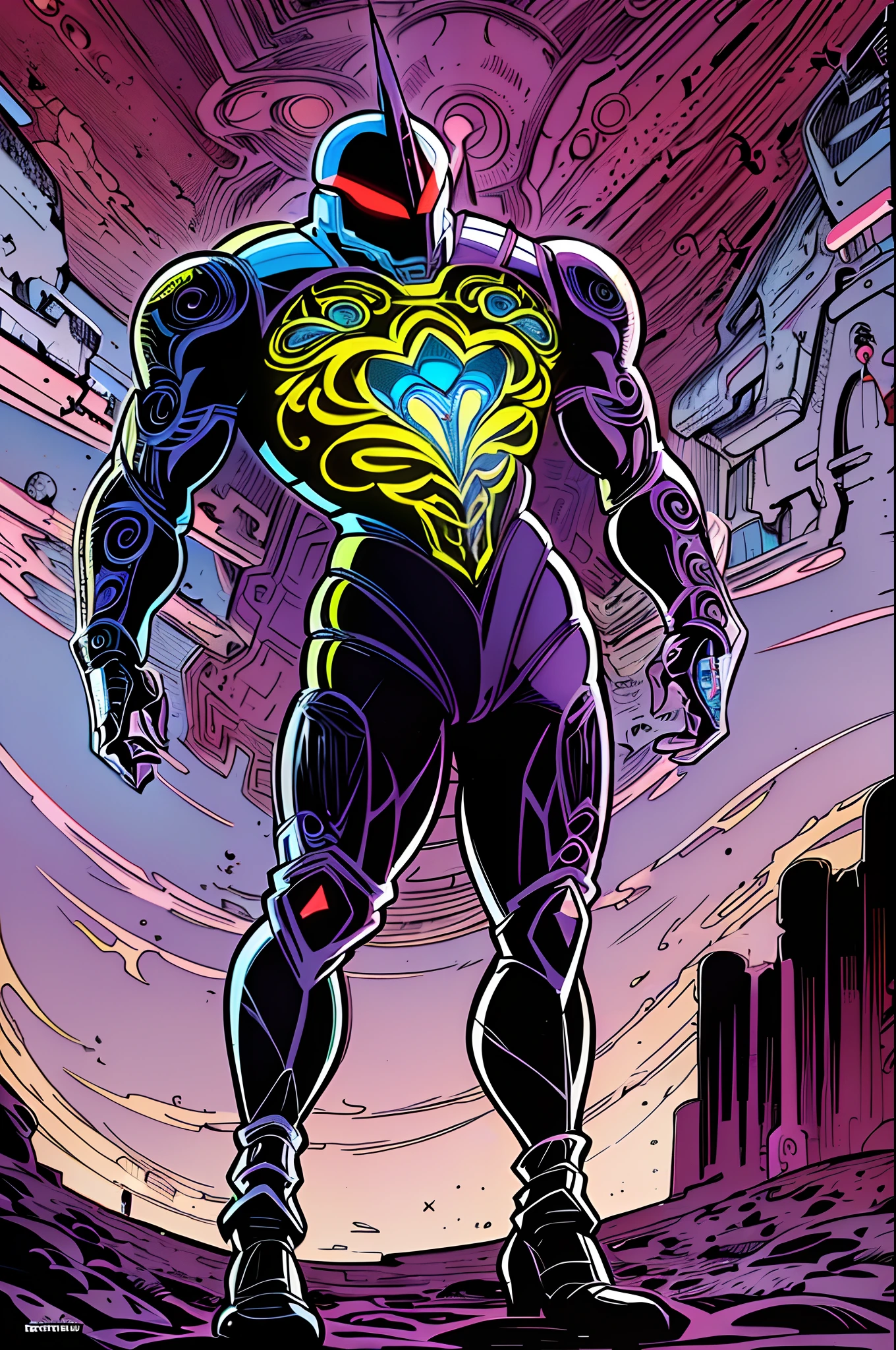 weird edgy superhero, standing, solo, full body, dark, mysterious, surreal, powerful, dramatic lighting, intense colors, comic book style, 60s,methurlant intricate surreal gritty atmospheric cinematic stylized contrast comic eerie cybernetic futuristic, bizzare, eldritch, strang, occult