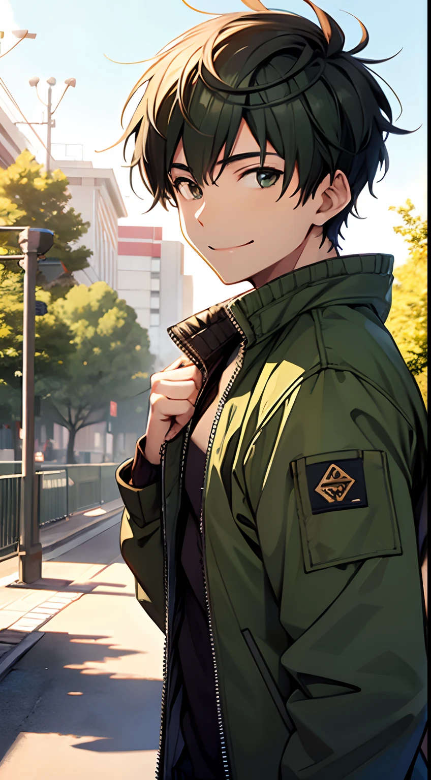((Satoshi)) brown short hair, guy, green jacket, smile, at park
