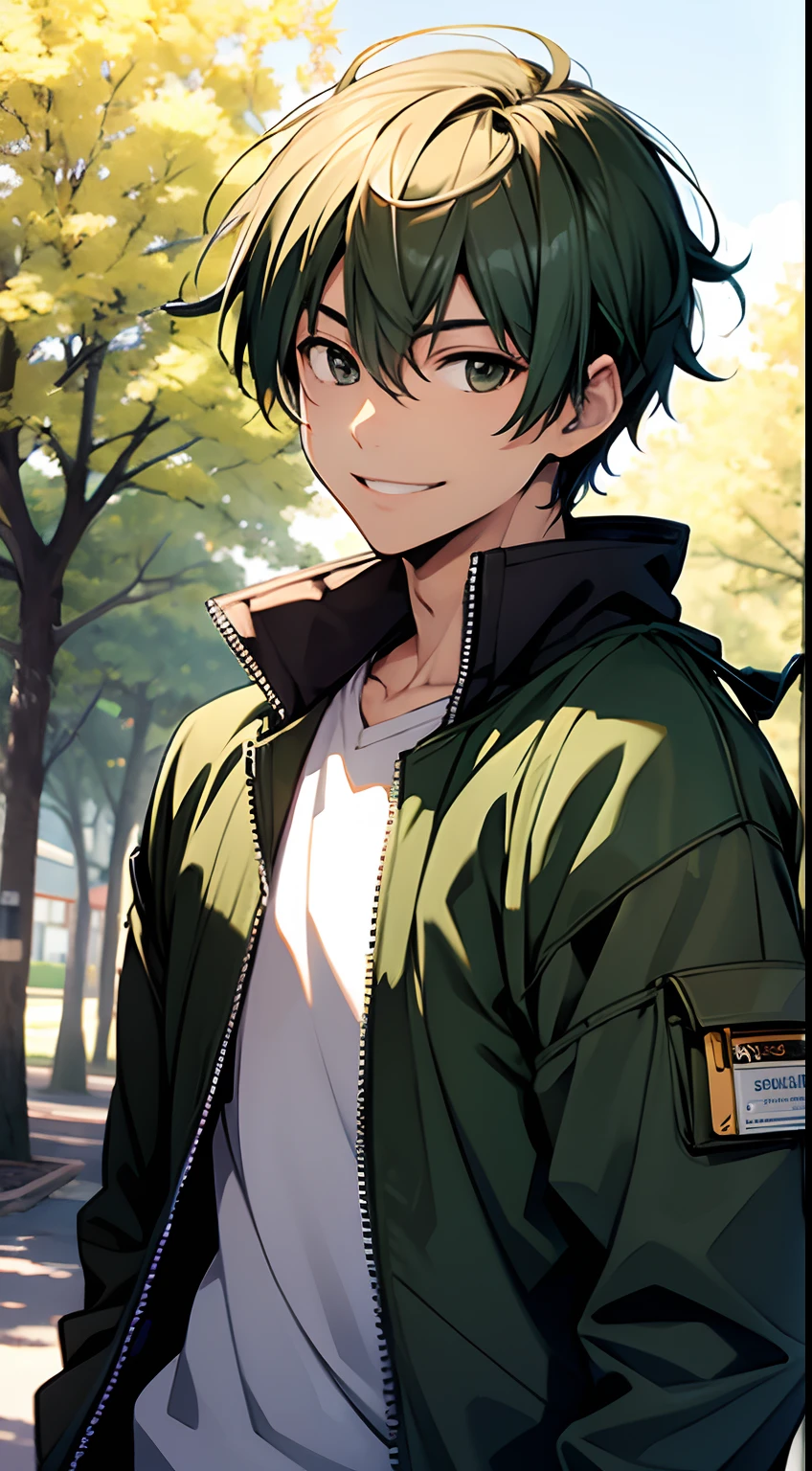 ((Satoshi)) brown short hair, guy, green jacket, smile, at park