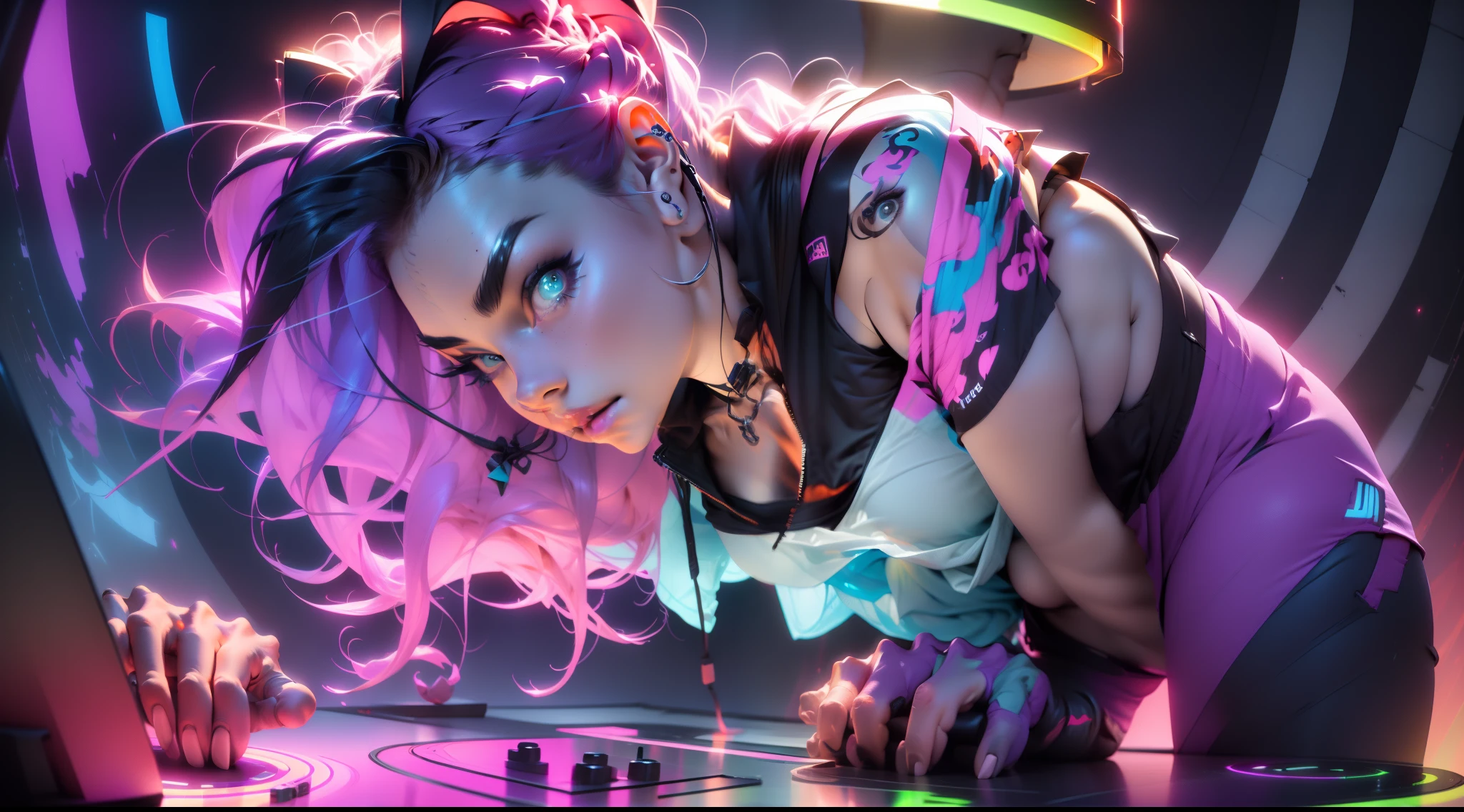 Detalhado DJ girl DJ Controller com Neon, Super vibrant music lights.