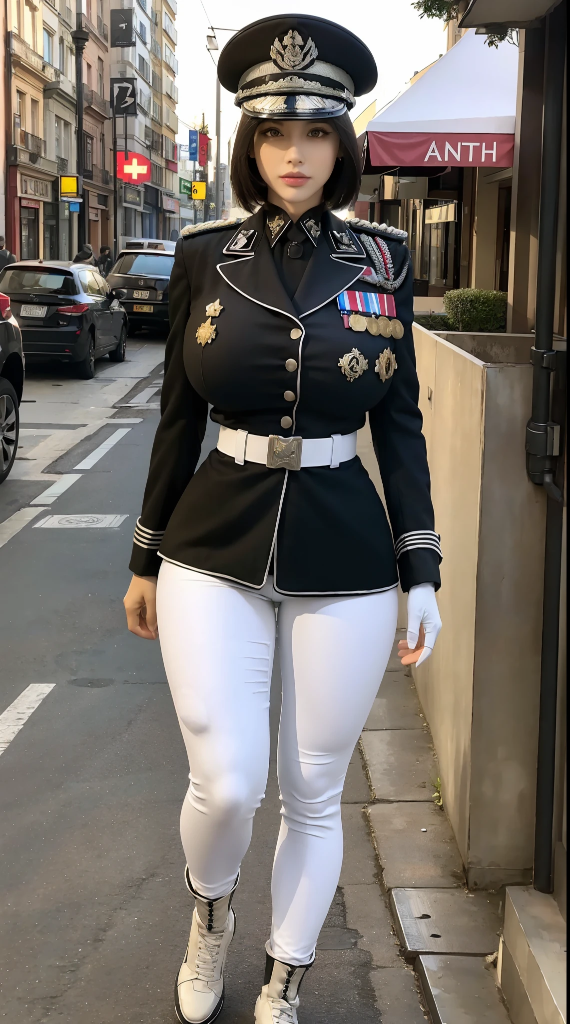 physically-based rendering, 1girl, Female soldier, (huge fake breasts:1.2), (street city), sexy muscular body, slim waist, big buttocks, (Full body:1.3), walking, skintight white army pants, (white military uniform).