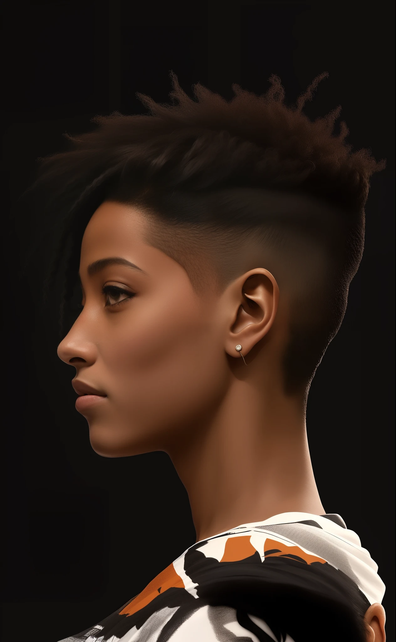 Mulher Arafed com um moicano e uma camisa branca, Face extremamente alta e detalhada, Retrato de Willow Smith, rosto realista altamente detalhado, Retrato Willow Smith, rosto realista detalhado, retrato ultra detalhado, Rosto alto e detalhado, dynamic black hair, com o rosto muito detalhado, perfil lateral cenetered retrato, rosto detalhado realista, Rosto altamente detalhado, rosto detalhado e realista