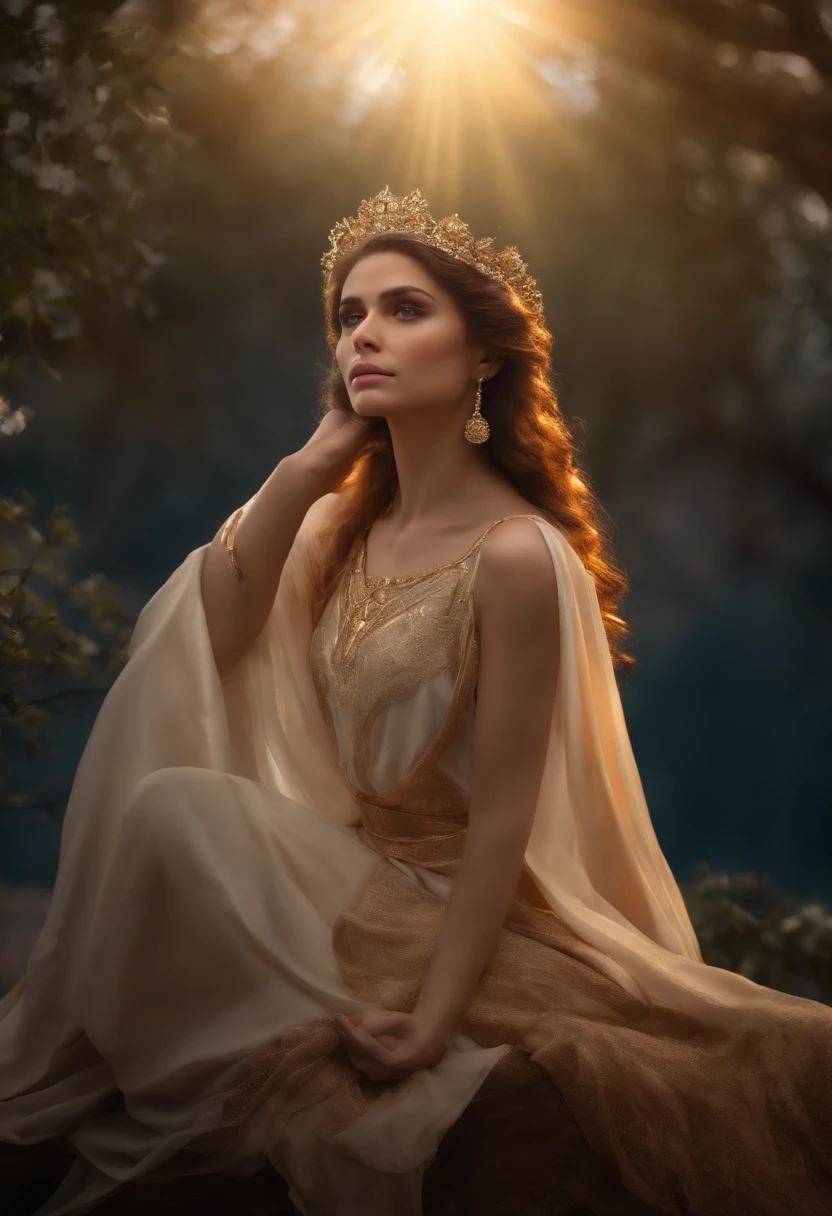 anjo rezando, triste, tristeza, Prayer position, wearing tunic, asas nas costas, halo, olhando para o espectador de frente, coroa de luz, rosto angelical, triste, 4k, 8k, 16k, mistic, ethereal, nuvens ao fundo