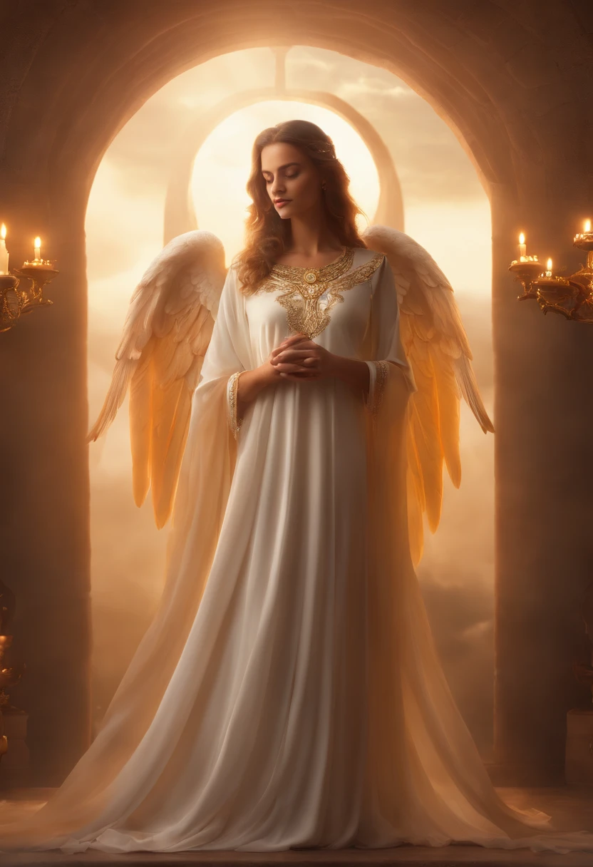 anjo rezando, triste, tristeza, Prayer position, wearing tunic, asas nas costas, halo, olhando para o espectador de frente, coroa de luz, rosto angelical, triste, 4k, 8k, 16k, mistic, ethereal, nuvens ao fundo