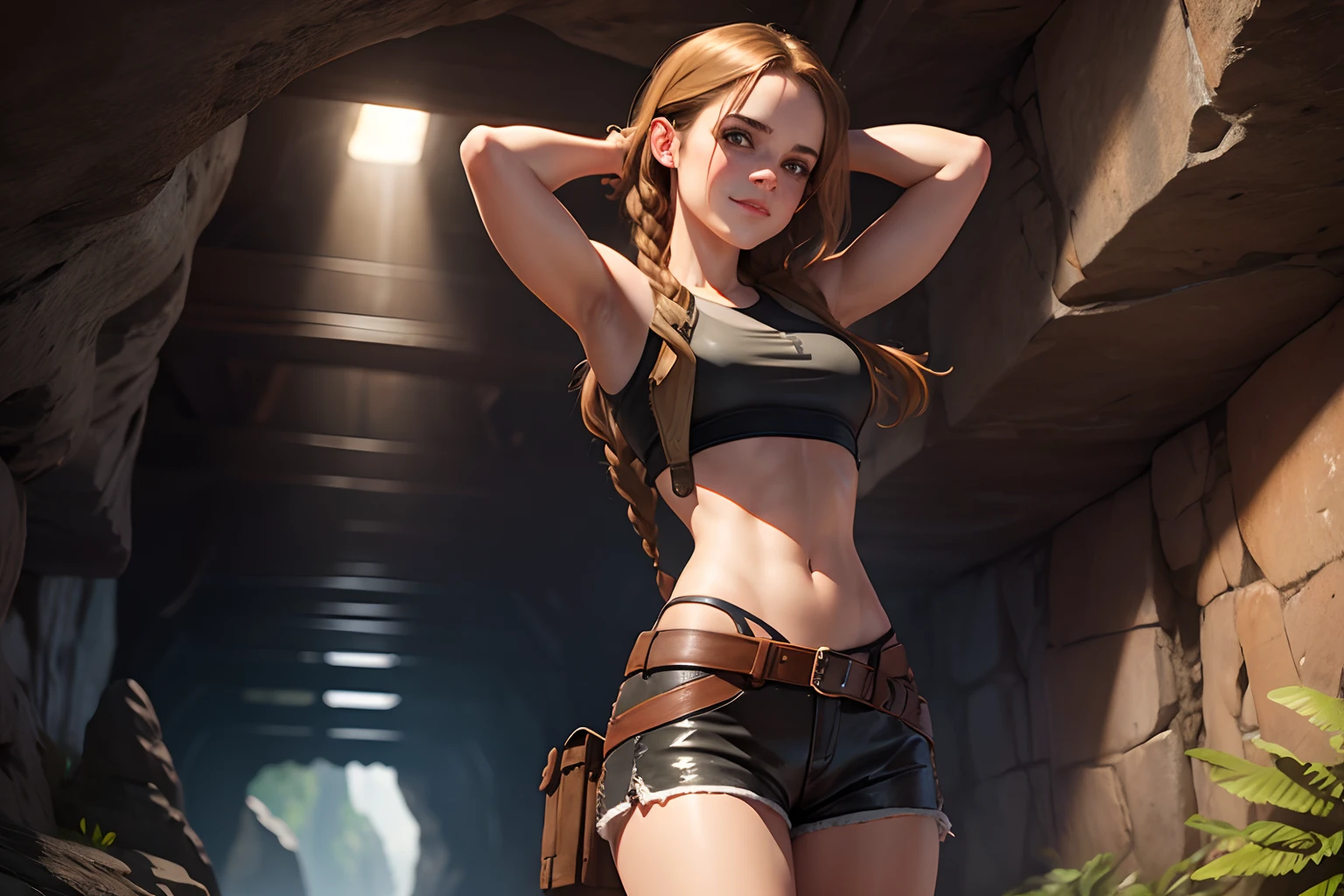 teen Emma Watson as a Lara Croft inside a cavern. leather shorts, crop top. long braided hair. slender body. cute smile. creek.