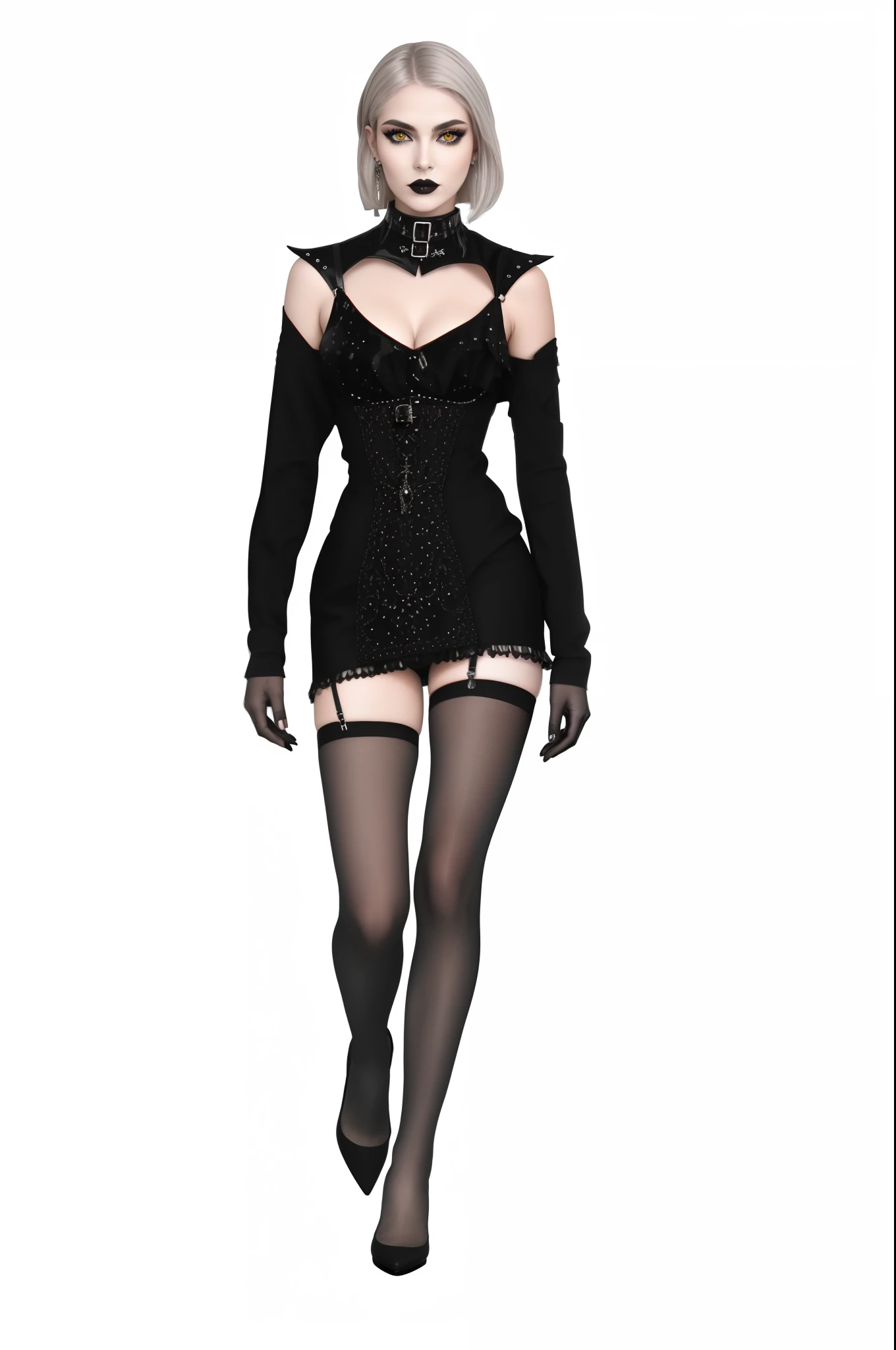 um close up de uma mulher em um vestido preto e meias, cabelo platina, curto e liso, very beautiful goth top model, Gothic fashion, Gothic attire, goth chic, goth clothing, goth punk clothes, wearing modern gothic clothes, gothic and futuristic, 2 b, 2b, goth outfit, lo gothic, lo gothic, lo gothic!!, gothic style, gothic wearing, ??????? genderbend elegante, lo gothic