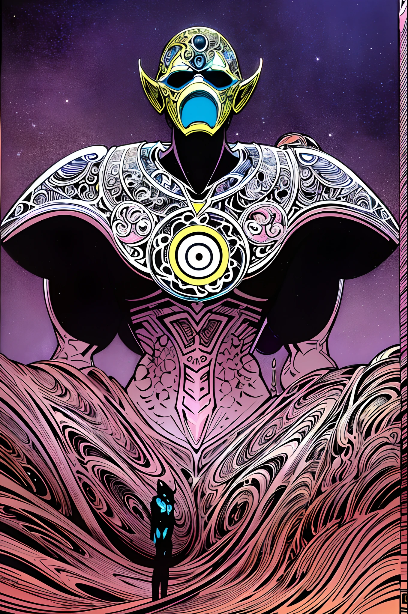 weird edgy superhero, standing, solo, full body, dark, mysterious, surreal, powerful, dramatic lighting, intense colors, comic book style, 60s,methurlant intricate surreal gritty atmospheric cinematic stylized contrast comic eerie cybernetic futuristic, bizzare, eldritch, strang, occult, psychedelyc, surreal