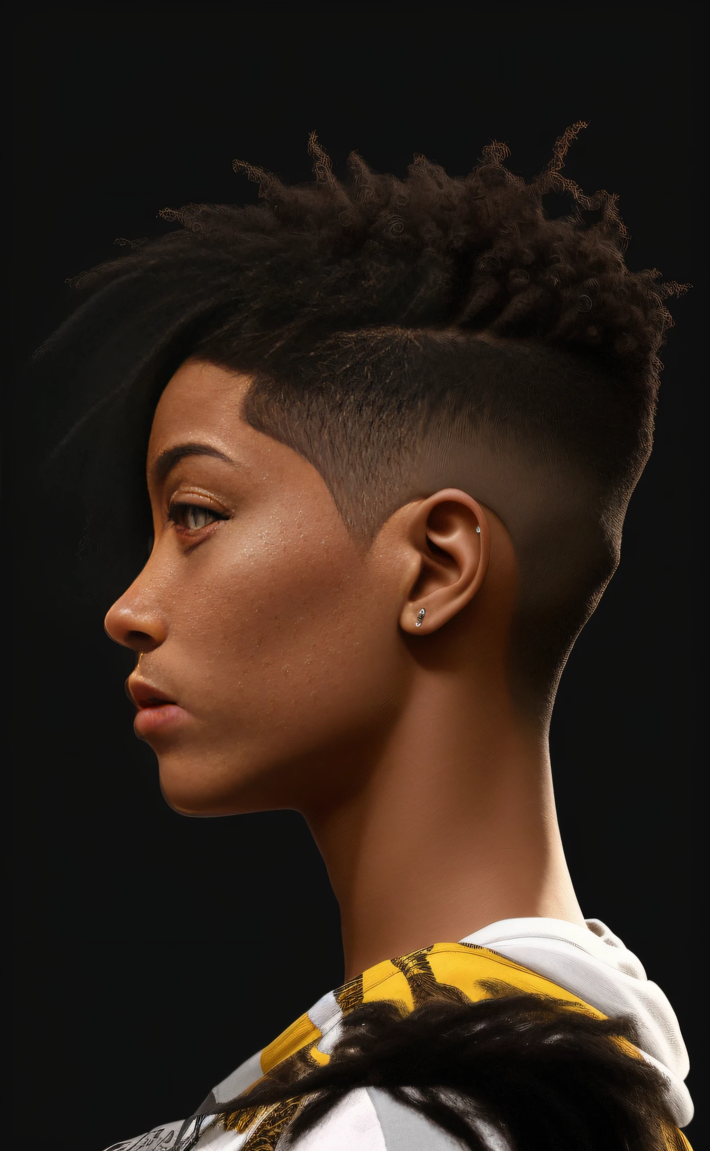 Mulher Arafed com um moicano e uma camisa branca, Face extremamente alta e detalhada, Retrato de Willow Smith, rosto realista altamente detalhado, Retrato Willow Smith, rosto realista detalhado, retrato ultra detalhado, Rosto alto e detalhado, dynamic black hair, com o rosto muito detalhado, perfil lateral cenetered retrato, rosto detalhado realista, Rosto altamente detalhado, rosto detalhado e realista