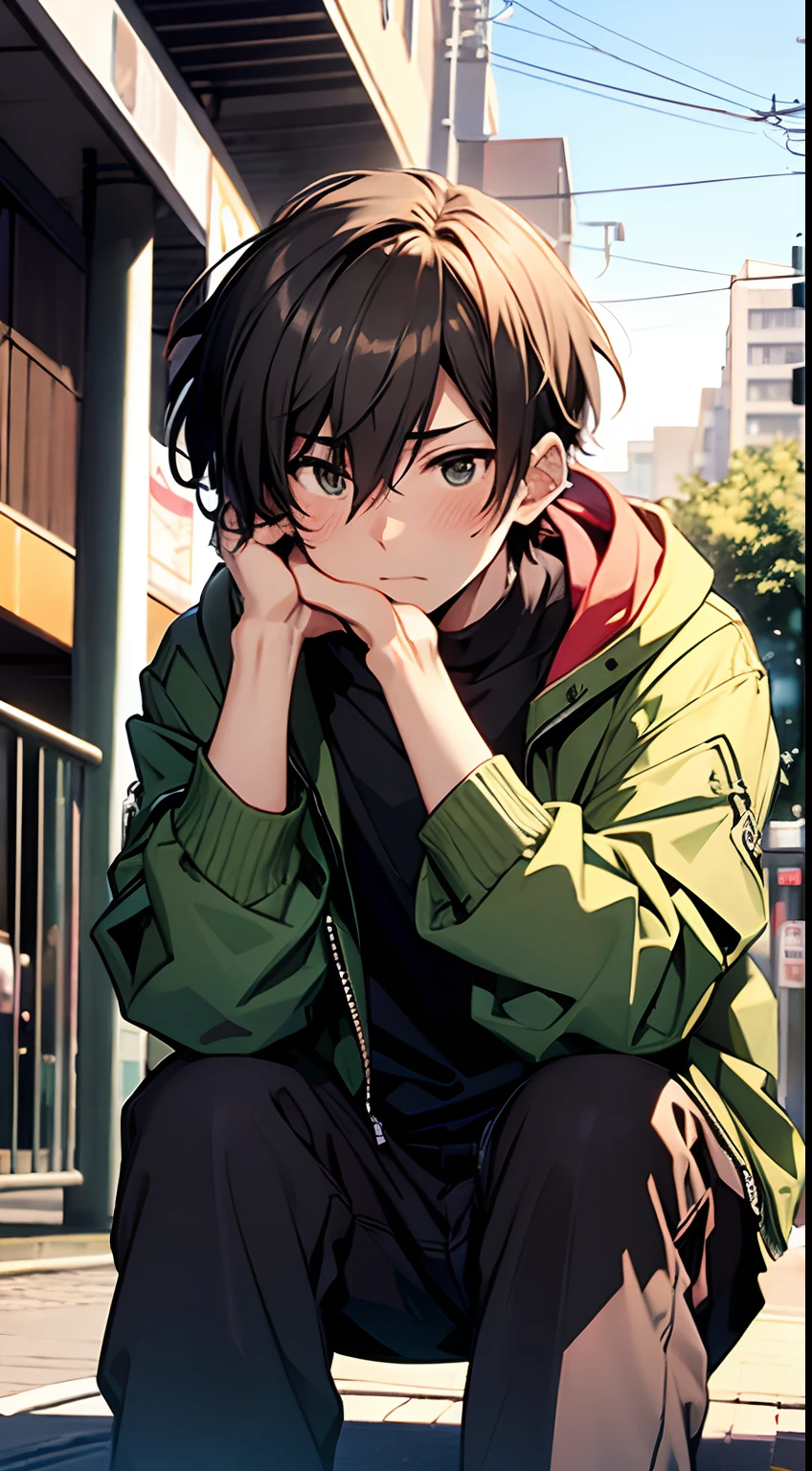 ((Satoshi)) brown short hair, guy, street, green jacket, blush, sitting at park