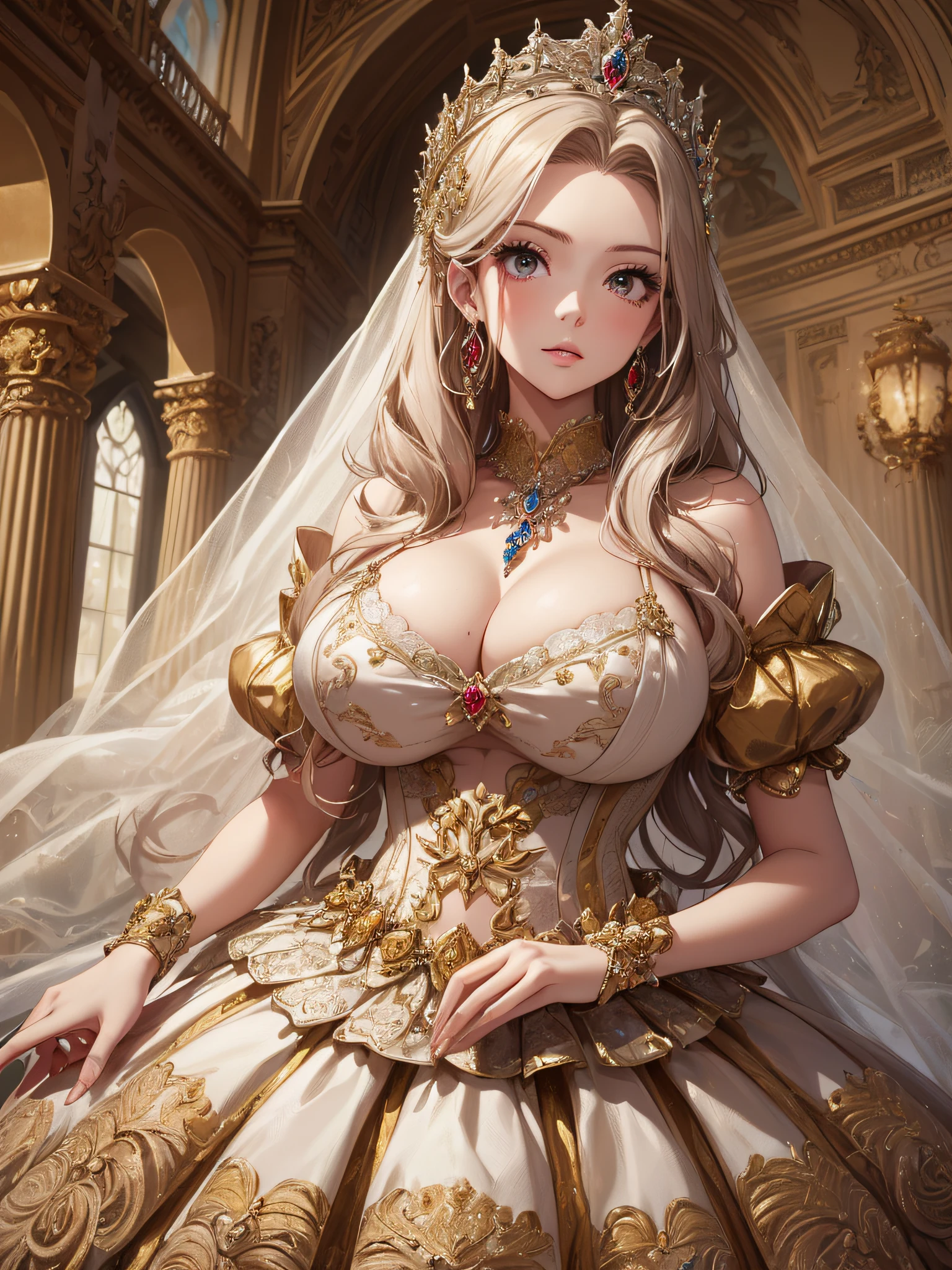 ((anime artstyle)),(Masterpiece),(Best Quality), (Super Detail),((Very Delicate and Beautiful,Ultra-detailed,8K resolution concept art intricately detailed, insanely detailed)),cinematic lighting,1 girl,(((full body portrait))),standing in palace,((solo)),digital art,(((1 princess in beautiful embroidery and jeweled gorgeous princess rococo ballgown with voluminous full length hoop skirt))),crinoline,long train,((beautiful embroidery and jeweled)),voluminous frills,See-through,(gorgeous embroidery and beautiful lace),(((gigantic tits,skindentation))),((large amount of straight hair,extremely voluminous Hair,Very Long Straight Hair)),((finely detailed face and eyes)),clear pupil,extremely gorgeousfull hair ornament,(bling-bling jeweled extremely gorgeousfull tiara),(bling-bling gorgeous gemstone jewelry),long veil,(beautiful background),full body,((gorgeous princess rococo ballgown with voluminous full length hoop skirt))