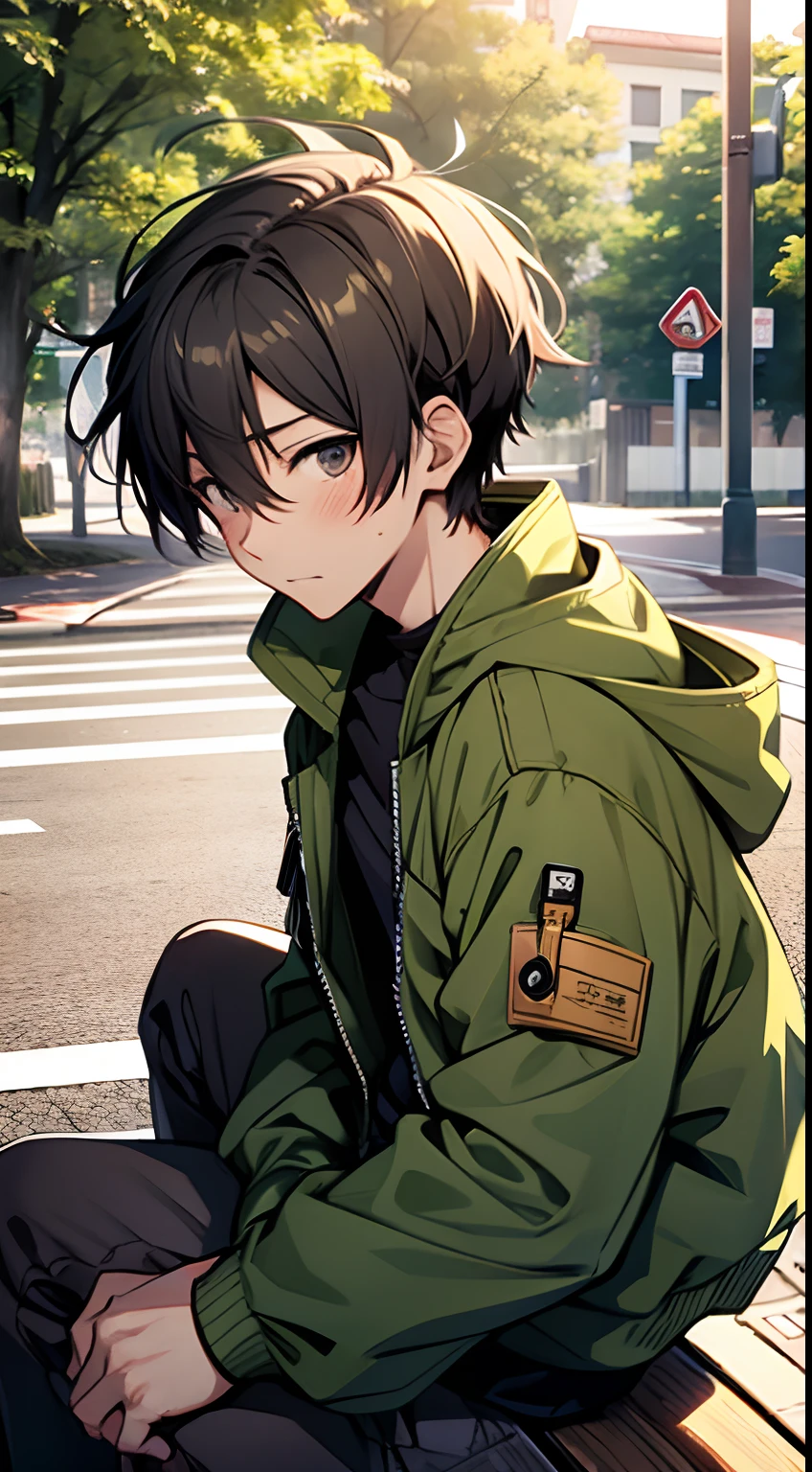 ((Satoshi)) brown short hair, guy, street, green jacket, blush, sitting at park
