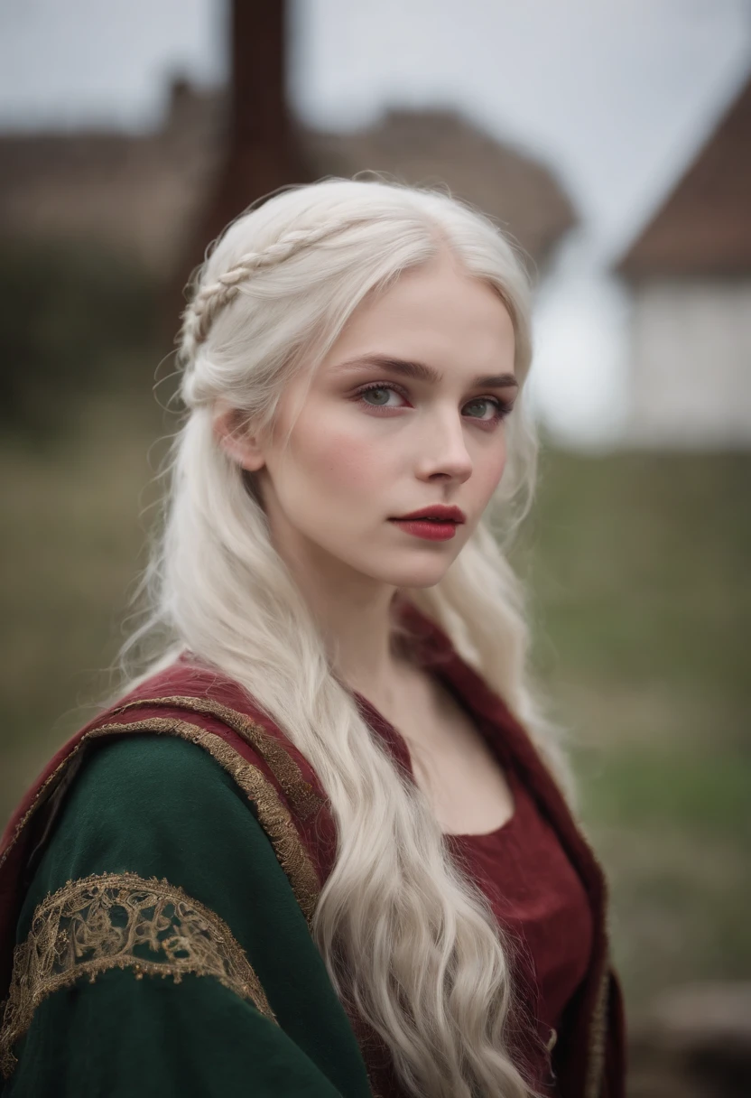 (((A deep reddish wound crosses her left cheek))) Fair complexion, Female about 19 years old, natural white hair, Distinctive green eyes, Wearing Kohl, slender and graceful, Beautiful, Candles in a medieval setting, ultra sharp focus, realistic shot, Medieval women's clothing, Notebook colors (scar:1.4)