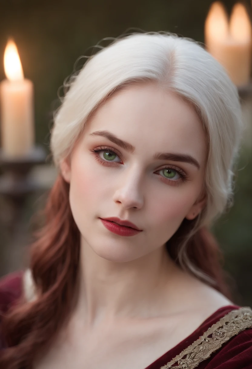 (((A deep reddish wound crosses her left cheek))) Fair complexion, Female about 19 years old, natural white hair, Distinctive green eyes, Wearing Kohl, slender and graceful, Beautiful, Candles in a medieval setting, ultra sharp focus, realistic shot, Medieval women's clothing, Notebook colors (scar:1.4)