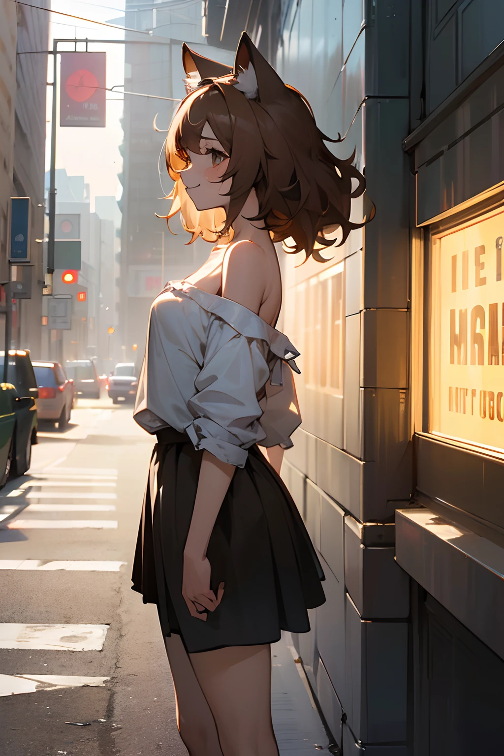 ((Masterpiece)), (High Definition:1.3), (Professional Photography:1.2), best quality, 8K, Textured skin, cinematic lighting, 1girl, from side, wide-shot, (Cute innocent age girl), slendar body, very messy medium hair, Wearing hiphop-style oversized shirt, (exposed shoulder), smile, cat ears, pale brown hair, (cute standing on the newyork street)