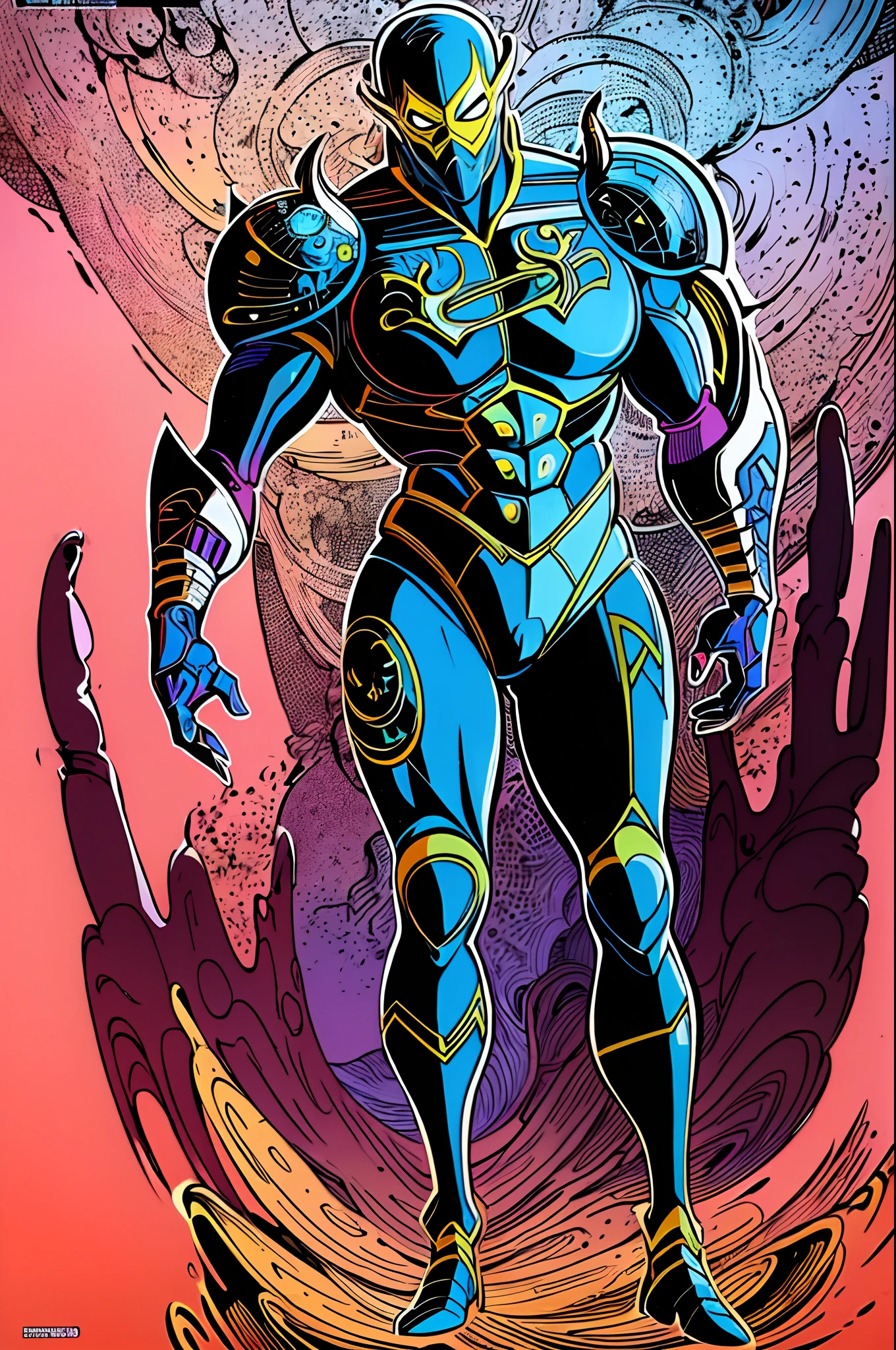 weird edgy superhero, standing, solo, full body, dark, mysterious, surreal, powerful, dramatic lighting, intense colors, comic book style, 60s,methurlant intricate surreal gritty atmospheric cinematic stylized contrast comic eerie cybernetic futuristic, bizzare, eldritch, strang, occult, psychedelyc, surreal,by Moebius (Jean Giraud)
