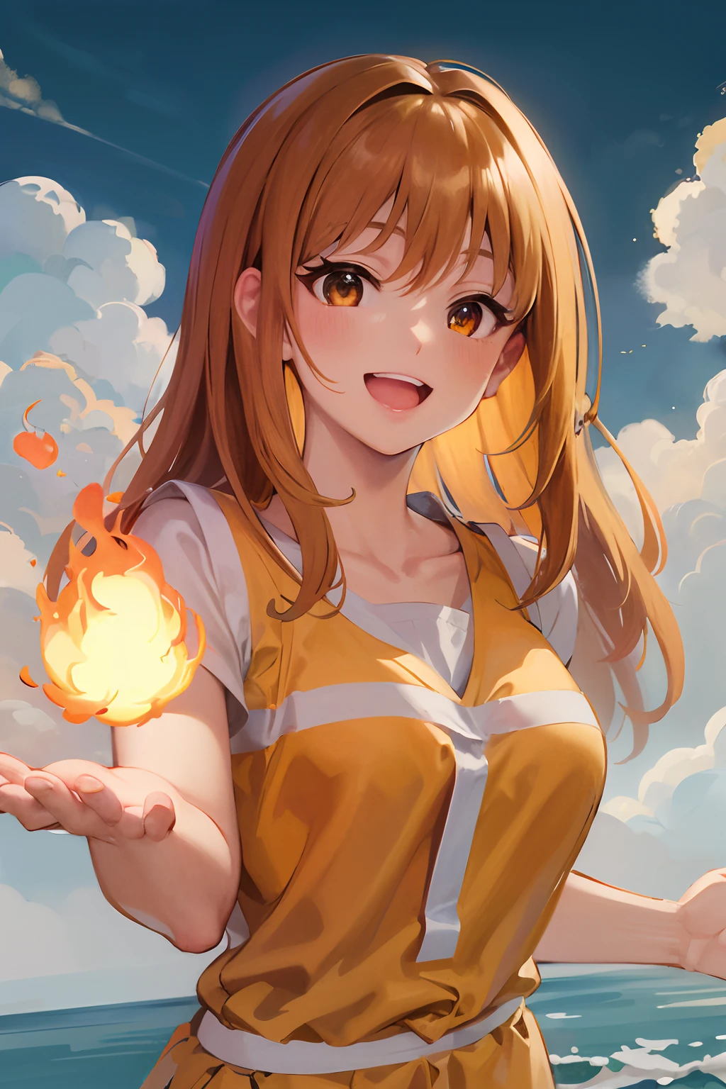 (highres, best quality:1.2), radiance, soft contours, upper body, kyoani haruhi style, detailed background, bright colors,
Hino Akane, orange fluffy hair, big smile, fire, idol, red top