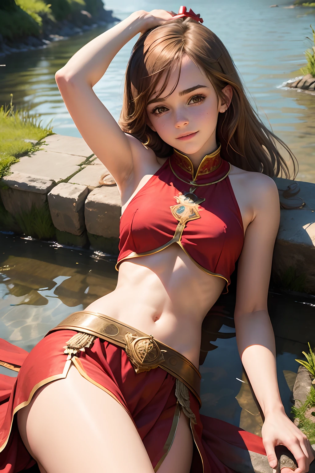 Emma Watson as a red priestess girl. intricate dress, crop top. cute smile. lying down resting. Background river.