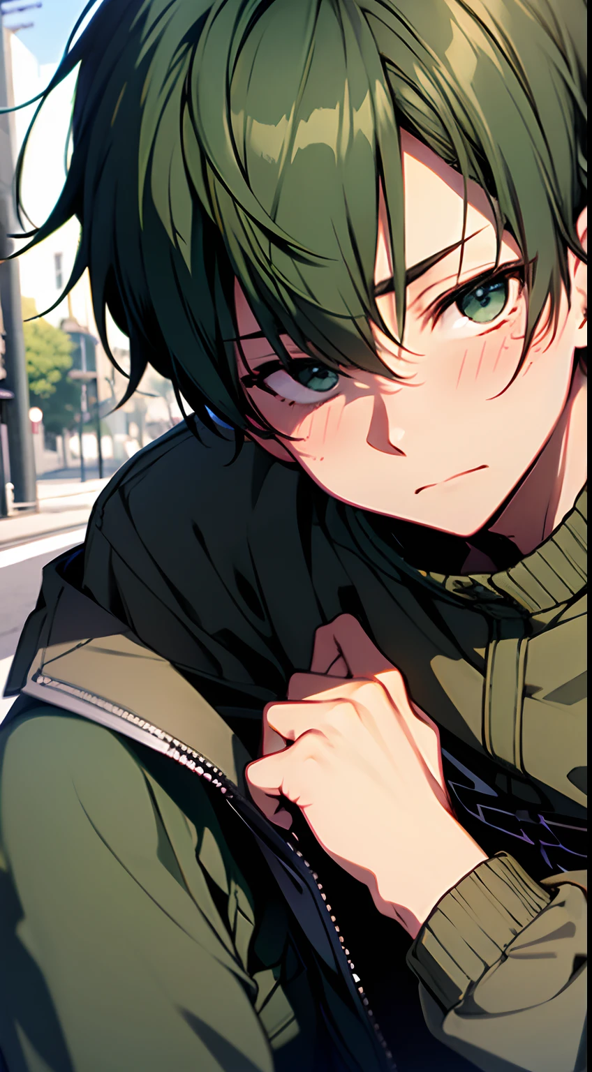 ((Satoshi)) brown short hair, guy, street, green jacket, blush, sitting at park, close up