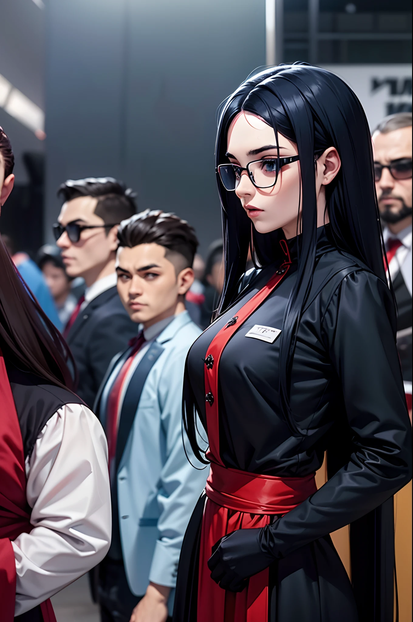 Uma jovem fazendo Cosplay num evento de anime, usando roupas azul e preto, cabelo preto, lentes vermelhas, lo gothic, evento, 8k, roupas de Cosplay, banner, crowd, Magnificent