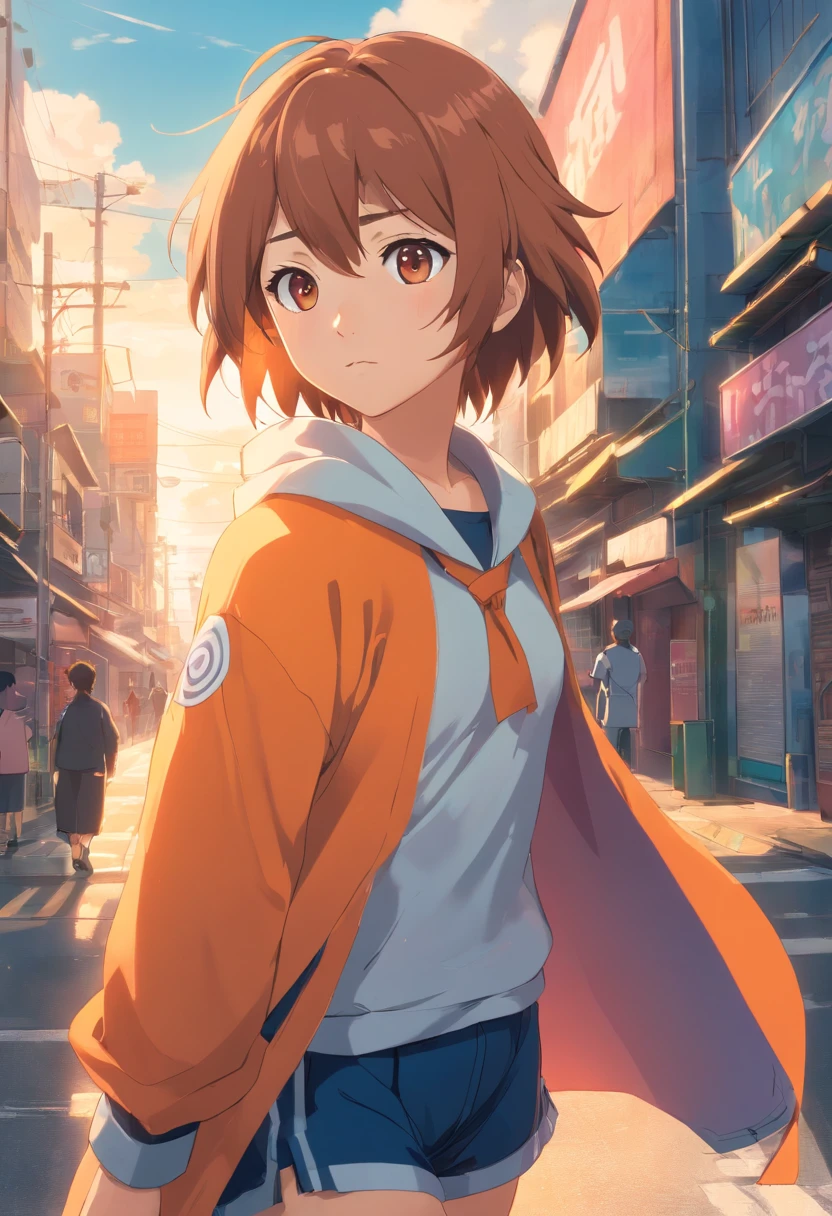 Un personaje de dibujos animados al estilo de anime, similar a naruto uzumaki de la cintura hacia arriba, luciendo impresionante, rostro neutro, estilo de renderizado 2D, slightly anamorphic, staring at the camera, con el rostro claramente visible, DVD screenshot in ultra high definition quality (UHD), dibujo animado, ultra detalle, detalles intrincados, volumetric illumination, modelo 2D, falso, Cinematographer, arte digital, 8K, futuro, Cinematographer, Ultra wide angle, profundidad de campo, hiperdetallado, detalles asombrosos, detalles intrincados, with a beautiful gradation of colors, cinemactic, dibujo animado, anime, Captured with a 25mm lens in an aspect ratio of 9:16.