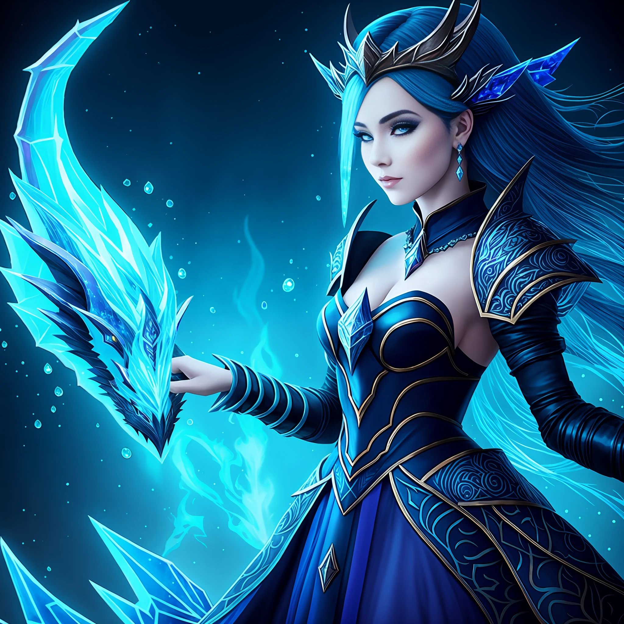 a close up of a woman in a dress with a dragon on her shoulder, arcane league of legends, beautiful ancient frost witch, ice sorceress, fae priestess, league of legends arcane, eldritch goddess, asian female water elemental, blue djinn, style of league of legends, luminous water elemental, qiyana