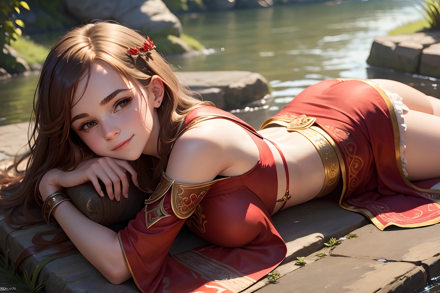 teen Emma Watson as a red priestess girl. intricate dress, crop top. cute smile. lying down resting. Background river.