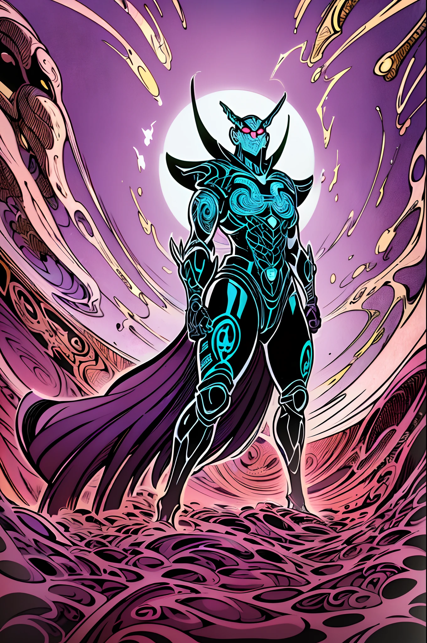 weird edgy superhero, standing, solo, full body, dark, mysterious, surreal, powerful, dramatic lighting, intense colors, comic book style, 60s,methurlant intricate surreal gritty atmospheric cinematic stylized contrast comic eerie cybernetic futuristic, bizzare, eldritch, strang, occult, psychedelyc, surreal