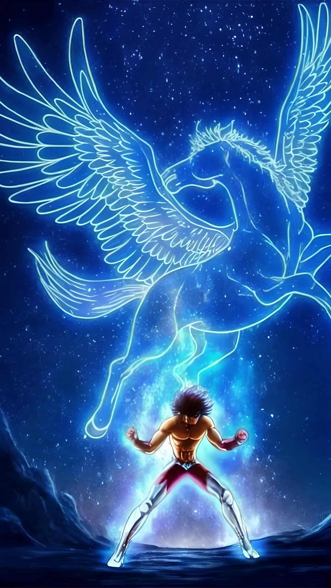 Una imagen de dibujos animados de un hombre con alas volando sobre un cuerpo de agua, mythical creatures, Saint Seiya, Pegaso, flying mythical beasts, Viaje astral, Beautiful Rendering, Mythical, en el plano astral ) ) ), mytical creature, Magical and mystical, Ser angelical resplandeciente, Mito griego pintura digital, Astral ethereal, Amazing breathtaking and epic, ethereal angelic being of light, artistic depiction
