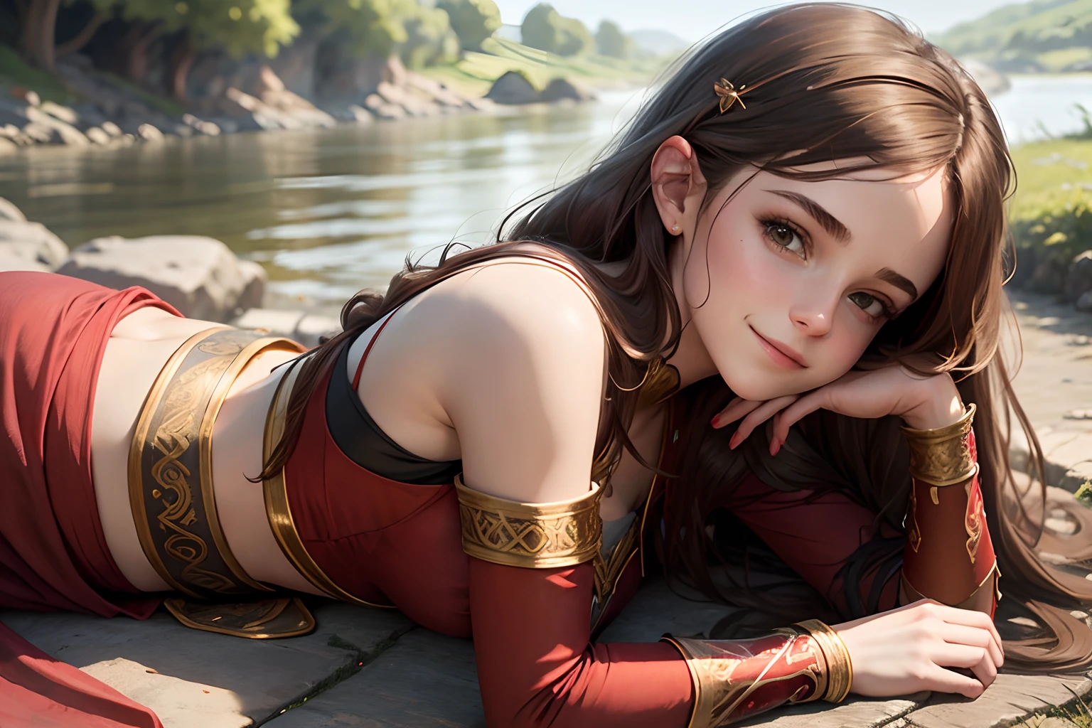 Emma Watson as a red priestess girl. intricate dress, crop top. cute smile. lying down resting. Background river.