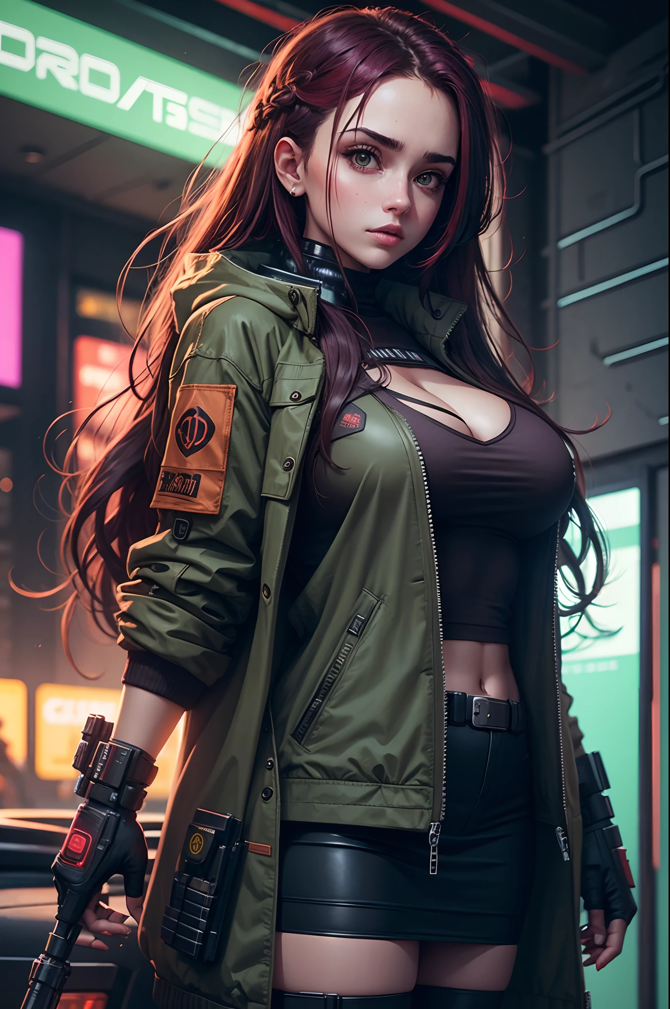 Beautiful girl large breasts, wearing rugged jacket, long hair, machine arms in cyberpunk night scene, cyberpunk red green backdrop