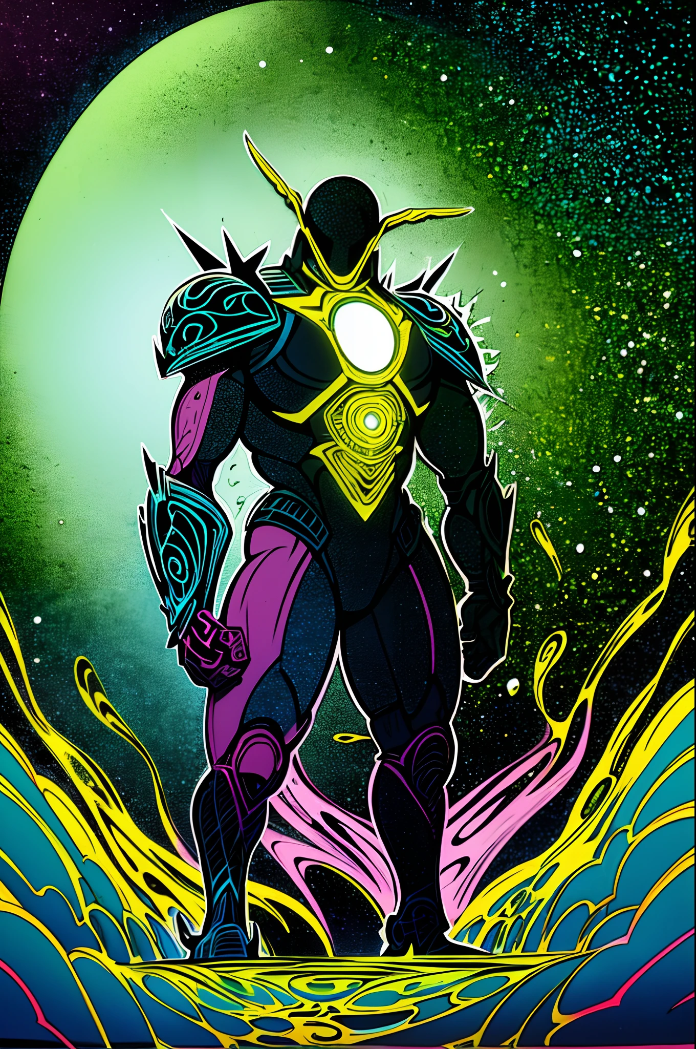 weird edgy superhero, standing, solo, full body, dark, mysterious, surreal, powerful, dramatic lighting, intense colors, comic book style, 70s,methurlant intricate surreal gritty atmospheric cinematic stylized contrast comic eerie cybernetic futuristic, bizzare, eldritch, strang, occult, psychedelyc, surreal,