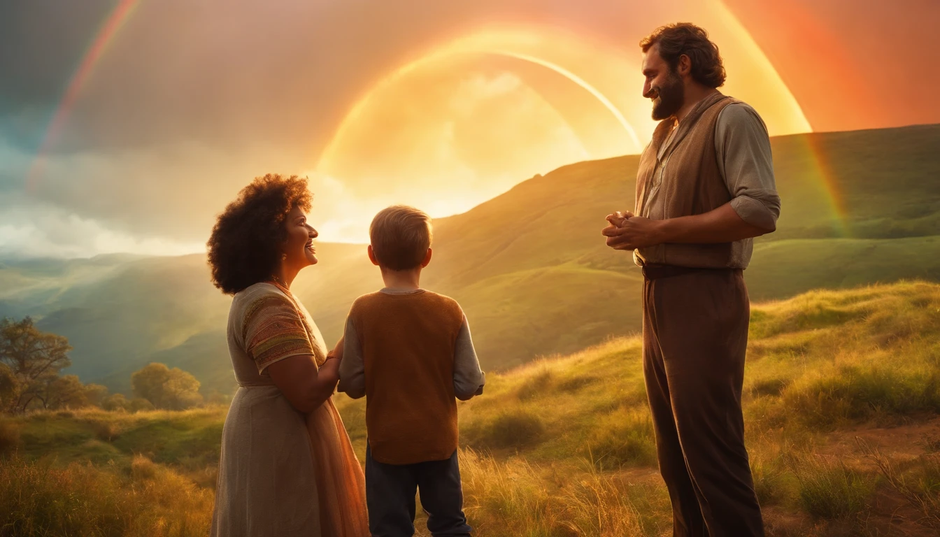(a detailed illustration),(best quality,highres),(Noah and his family),(gratefully),(looking at),(the rainbow),(as a sign),(of the divine covenant),(vivid colors),(utmost joy),(expressed on their faces)