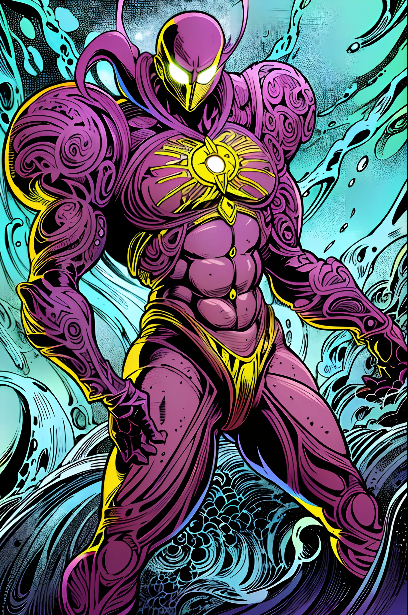 weird edgy superhero, standing, solo, full body, dark, mysterious, surreal, powerful, dramatic lighting, intense colors, comic book style, 60s,methurlant intricate surreal gritty atmospheric cinematic stylized contrast comic eerie cybernetic futuristic, eldritch