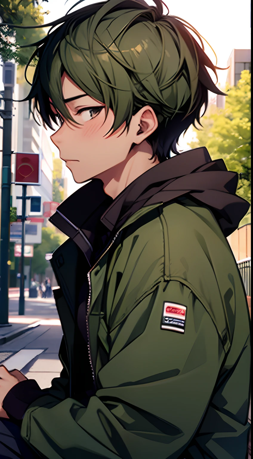 ((Satoshi)) brown short hair, guy, street, green jacket, blush, sitting at park, close up, side view