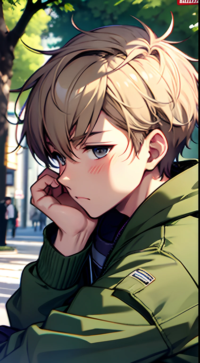 ((Satoshi)) brown short hair, guy, street, green jacket, blush, sitting at park, close up, side view