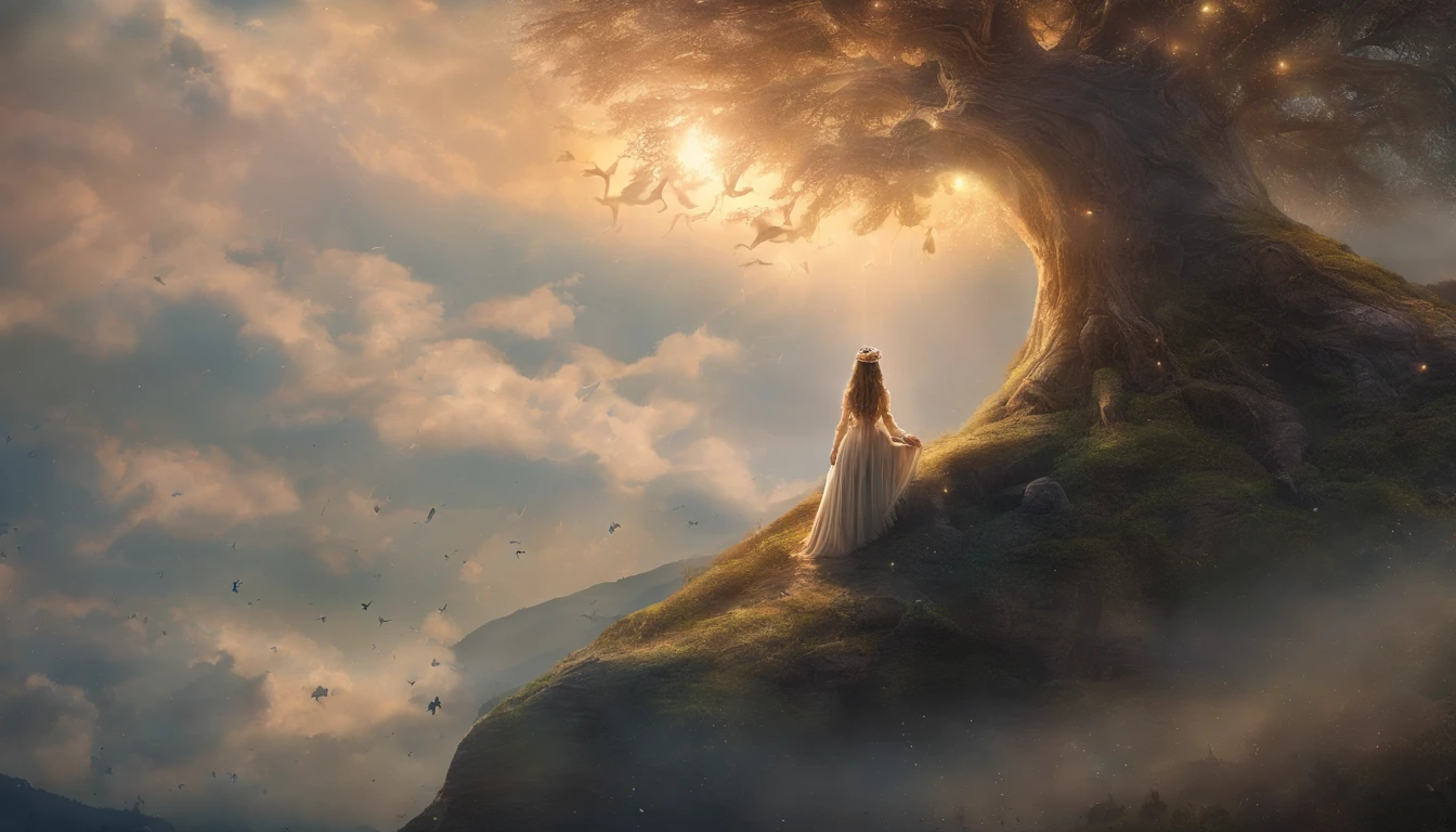 anjo rezando, Prayer position, wearing tunic, asas nas costas, halo, olhando para o espectador de frente, coroa de luz, rosto angelical, triste, 4k, 8k, 16k, mistic, ethereal, nuvens ao fundo, tristeza