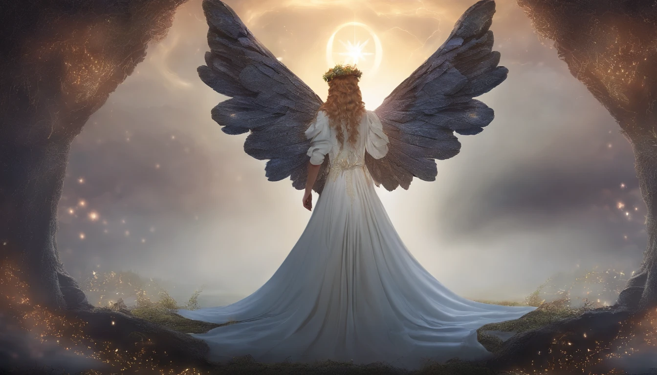 anjo rezando, Prayer position, wearing tunic, asas nas costas, halo, olhando para o espectador de frente, coroa de luz, rosto angelical, triste, 4k, 8k, 16k, mistic, ethereal, nuvens ao fundo, tristeza