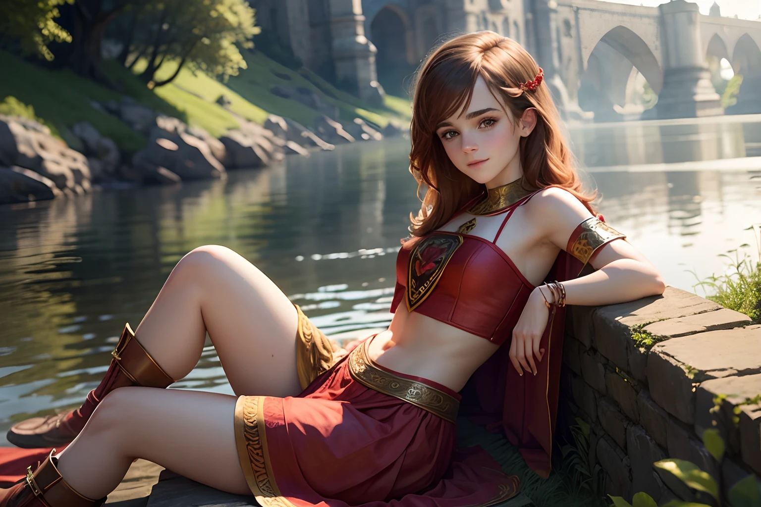 teen Emma Watson as a red priestess girl. intricate dress, crop top. cute smile.  sitting down resting. Background river.