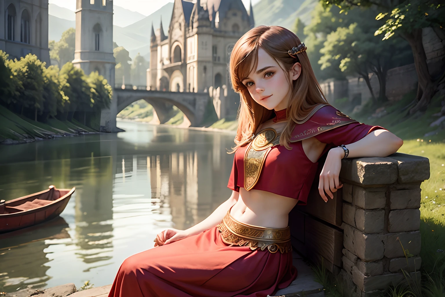  Emma Watson as a red priestess girl. intricate dress, crop top. cute smile.  sitting down resting. Background river.