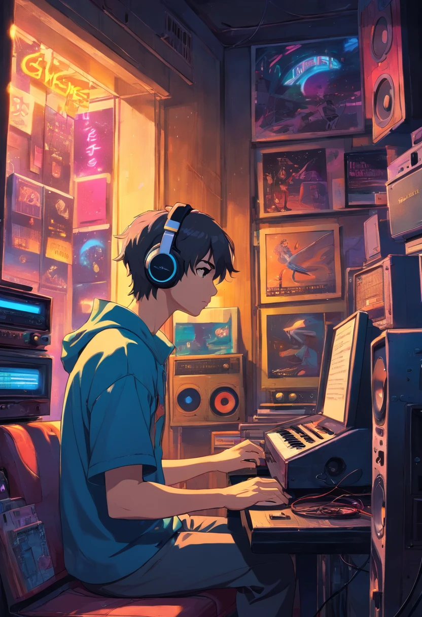 Photo of a man listening to music with headphones, text Why you, Super Detail, Retro wave, Cyberpunk, sad vibe, night light through the window, night vibes, One bedroom, 2D, (Longshot), wide shot, (noise of the film), OLD CARTOON, (many records: 1.3), vinyl record store, (masterpiece, Very high quality, Very high quality, Official Art, Beautiful and Aesthetic: 1.2), (very detailed, (Fractal Art: 1.4 ), Guitar, (notes: 1.4), (lo-fi hip-hop), side view, old anime texture, alone, Loudspeaker, Cyberpunk, vinyl, Night