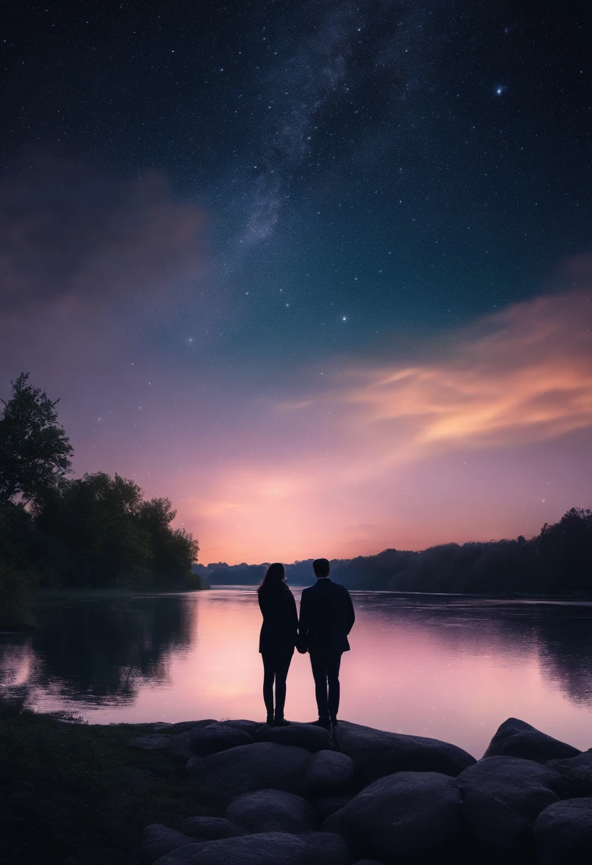 A couple watching at night sky beside the river. sky is looking so much beautiful with stars . Realistic image. Full HD .