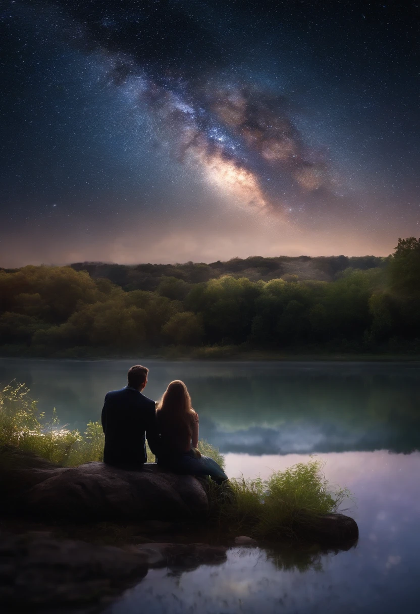 A couple watching at night sky beside the river. sky is looking so much beautiful with stars . Realistic image. Full HD .