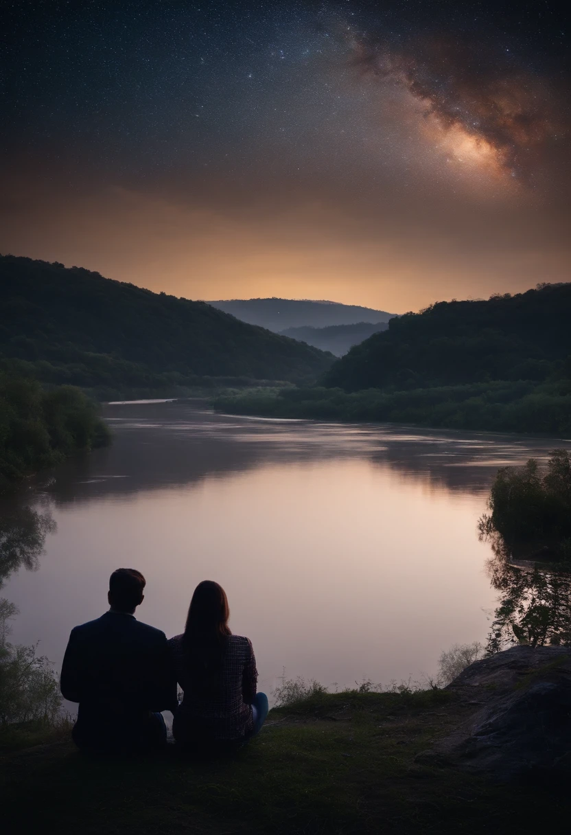 A couple watching at night sky beside the river. sky is looking so much beautiful with stars . Realistic image. Full HD .